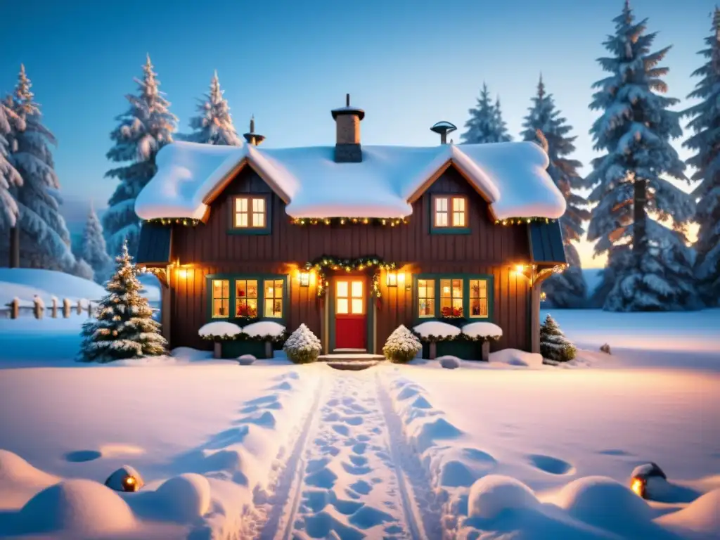 Un acogedor hogar escandinavo iluminado con luces navideñas, rodeado de nieve y pinos