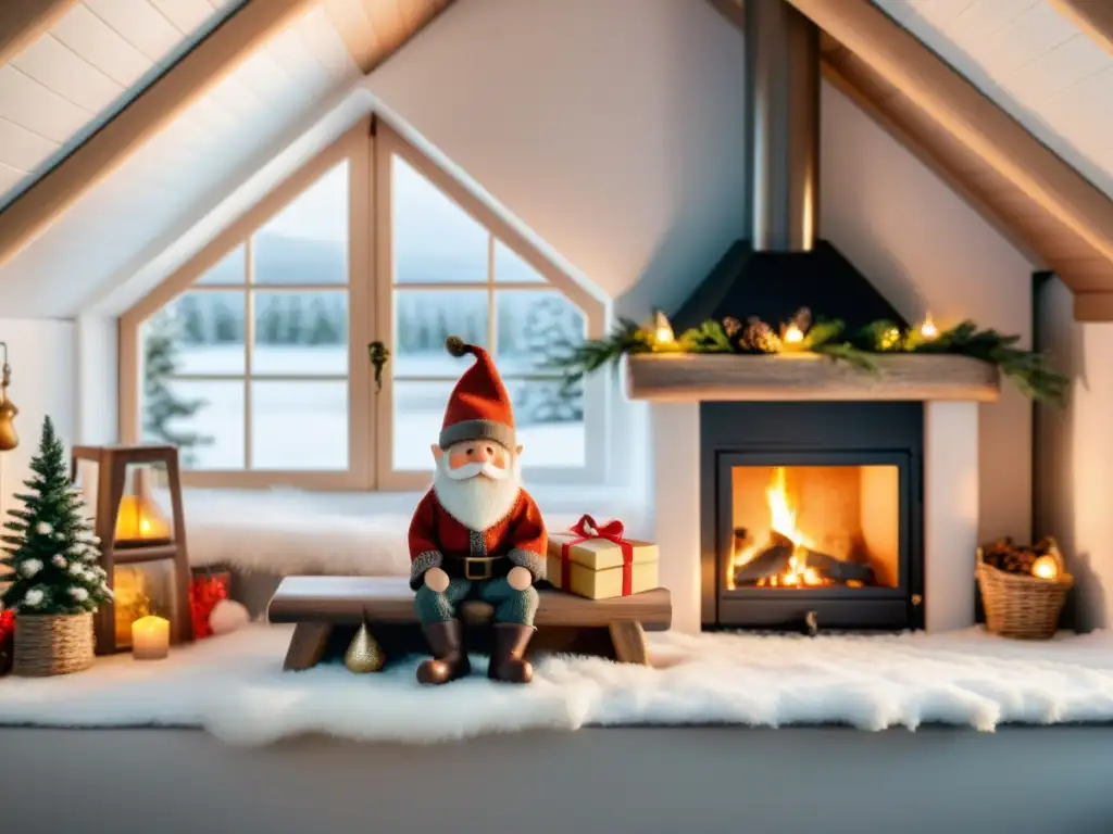Un acogedor salón escandinavo, con un Nisse rodeado de decoraciones navideñas y un paisaje invernal sereno en el exterior