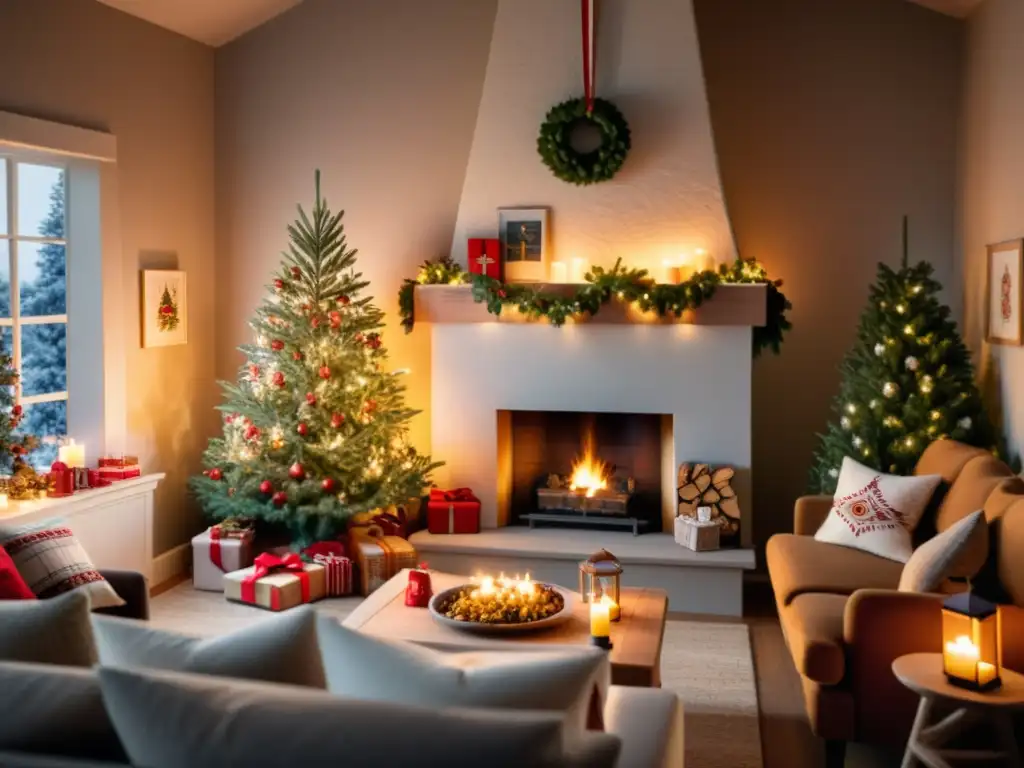 Acogedora sala iluminada con tradicionales decoraciones navideñas escandinavas