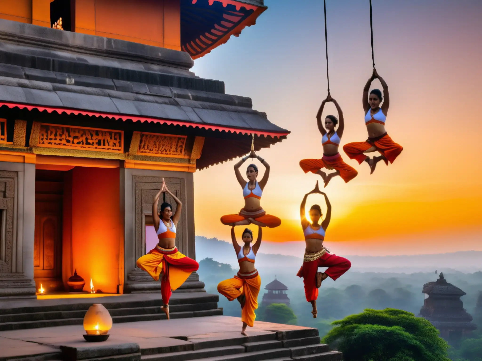 Yoginis voladoras realizan acrobacias aéreas en ruinas de templo al atardecer, conexión con prácticas religiosas