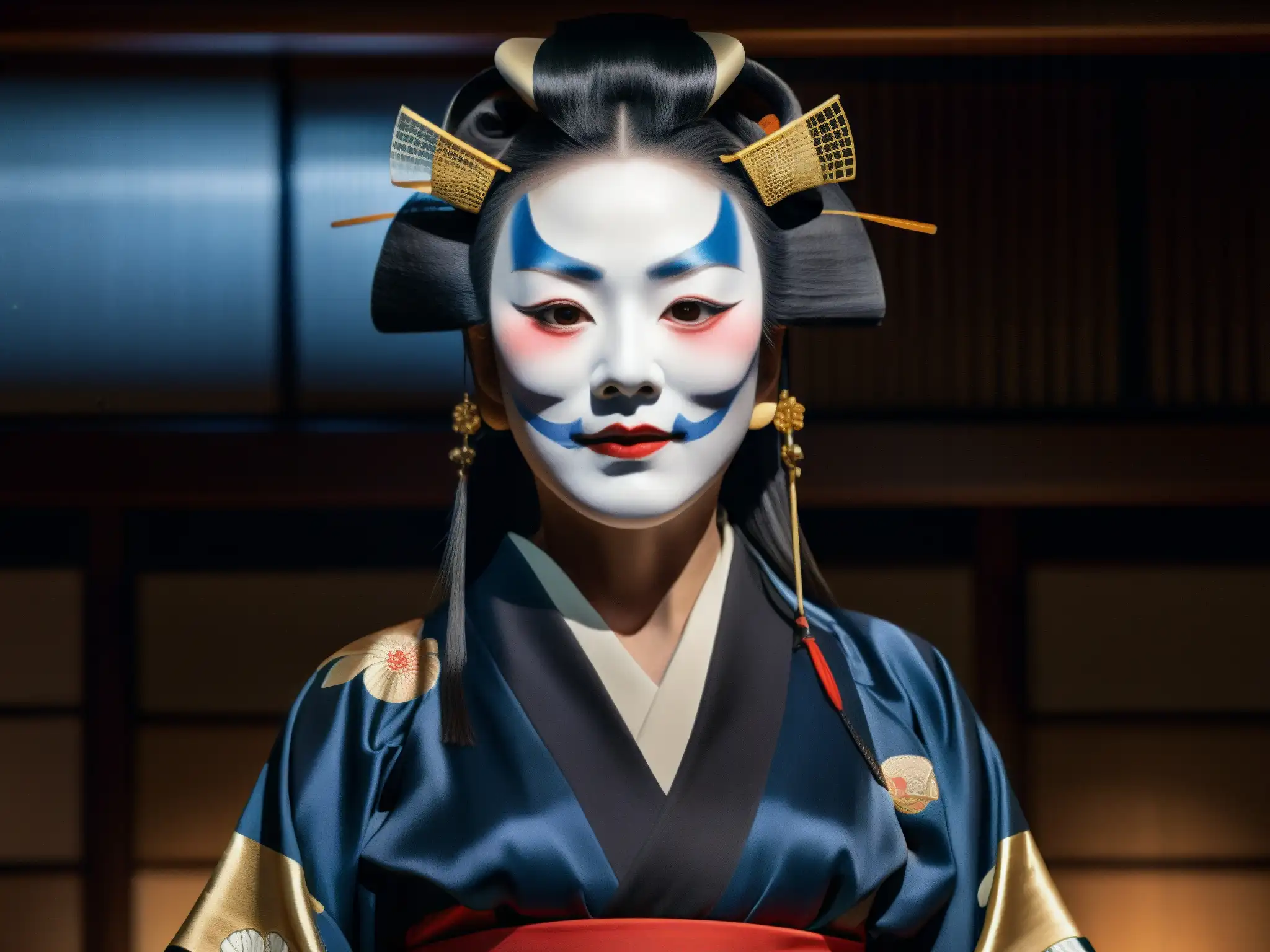 Actriz japonesa interpreta a Kuchisakeonna en un teatro Noh, creando una atmósfera misteriosa y ancestral