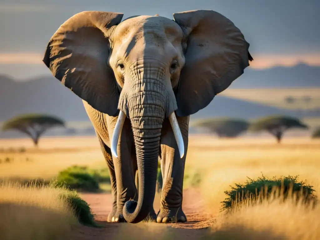 Elefante africano majestuoso en la sabana dorada, con arrugas y colmillos iluminados por el cálido sol vespertino