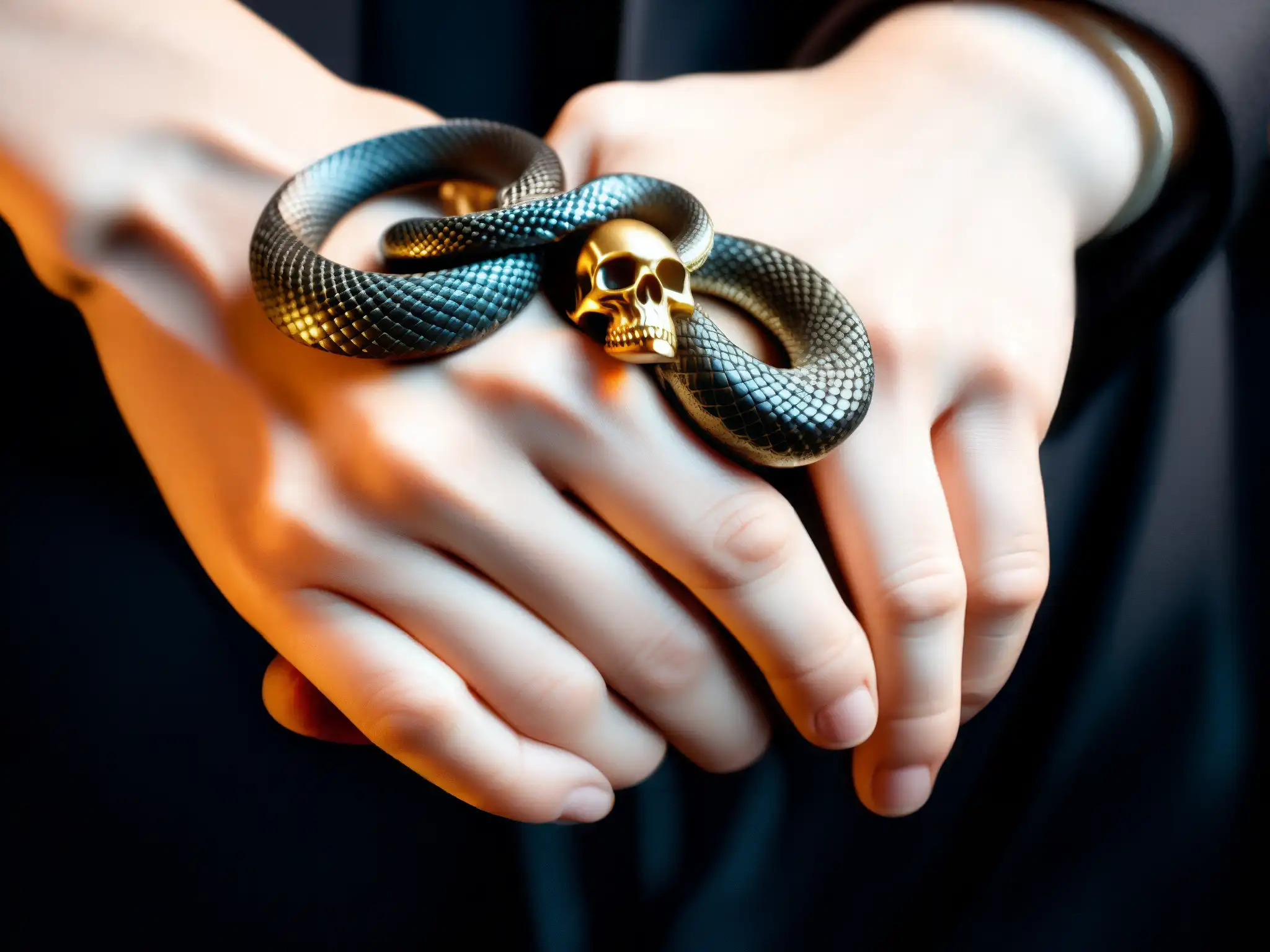 Un agarre tenso entre dos manos, una con un anillo de serpiente siniestra y la otra con un anillo de calavera, en un escenario ominoso
