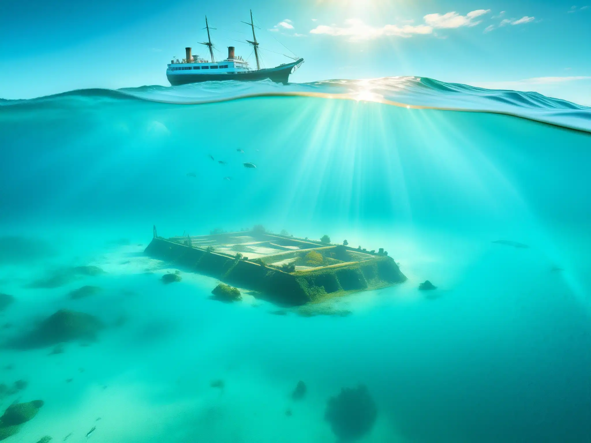 Agua turquesa del Triángulo de las Bermudas con barco hundido, peces coloridos y misteriosa isla