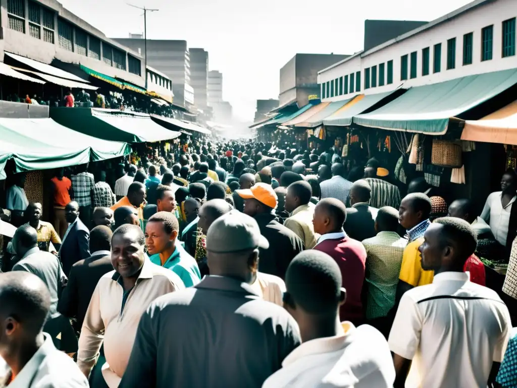 Ajetreo y bullicio en las calles de Nairobi, con puestos de mercado coloridos y personas en movimiento, capturando la energía de la ciudad