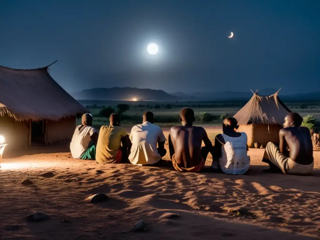 Una aldea africana iluminada por la luna, con el Jinamizi demonio sueño África Oriental acechando en la oscuridad