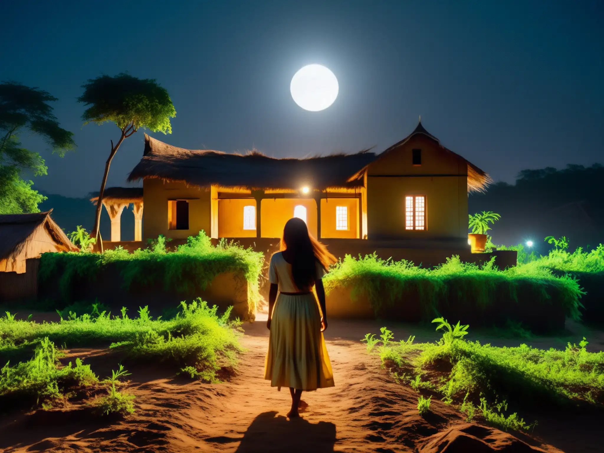 Una aldea india iluminada por la luna, con vegetación densa y viejas edificaciones que proyectan largas sombras