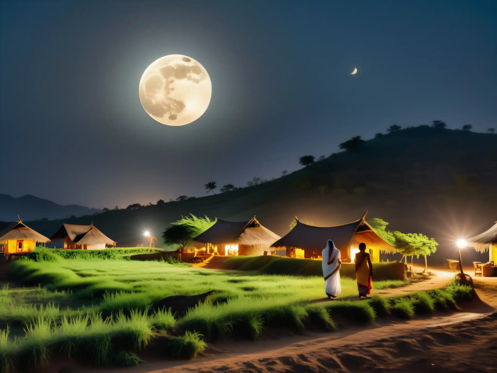 En una aldea rural india, la atmósfera misteriosa se apodera de la noche iluminada por la luna llena