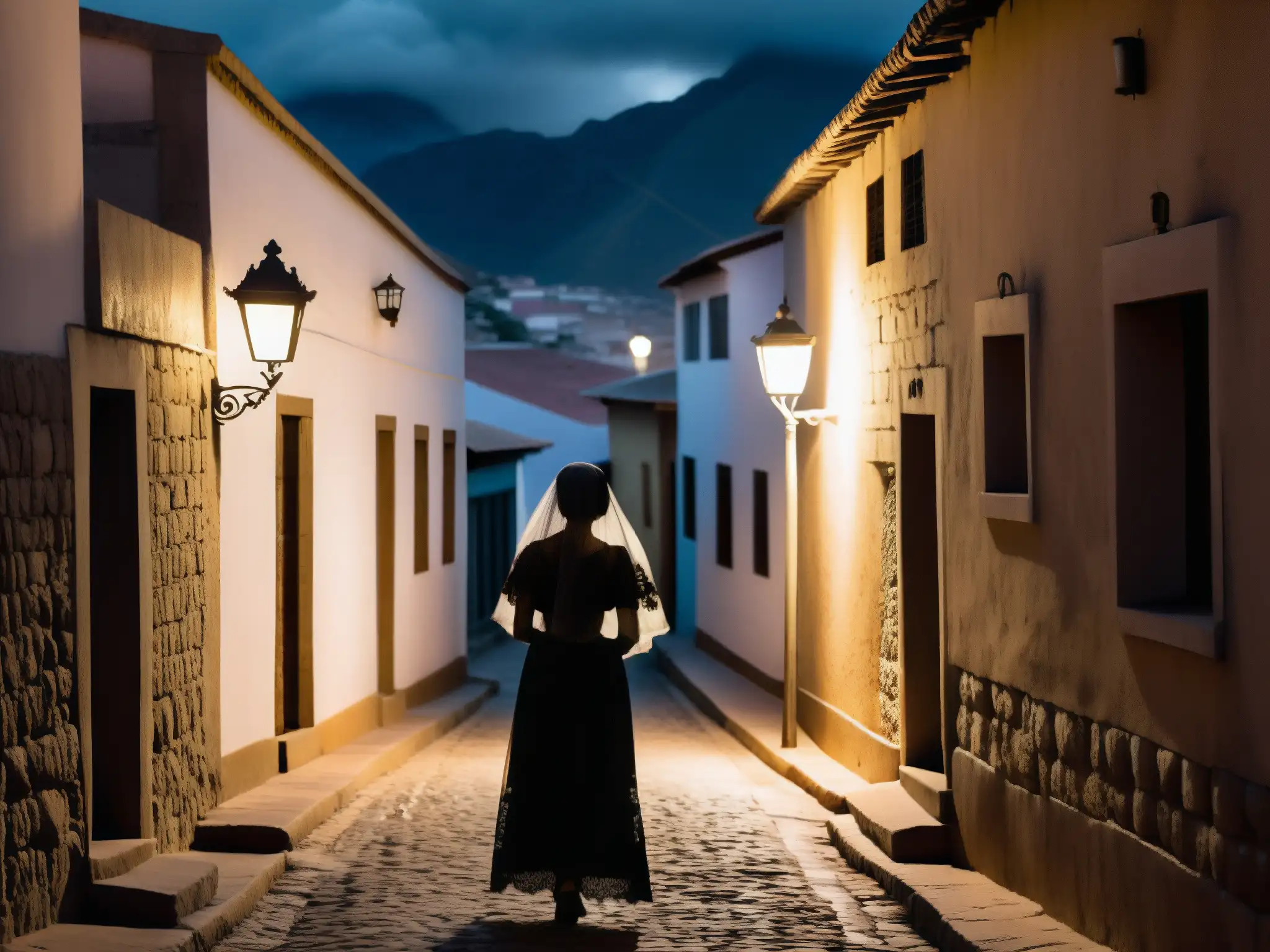 Alleyway en la ciudad peruana con la misteriosa silueta de La Viudita leyenda peruana bajo la luz tenue, evocando misterio y melancolía