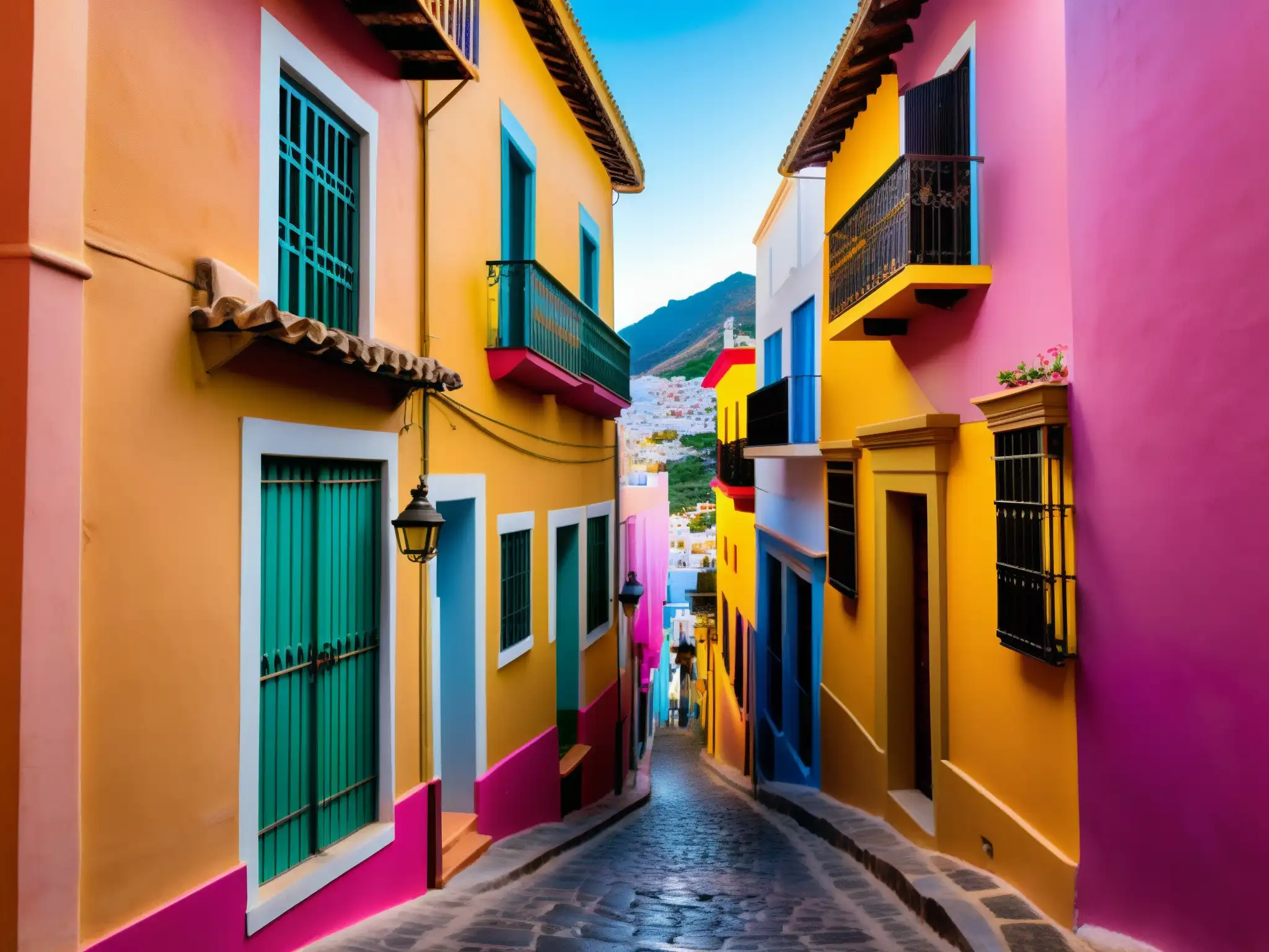 Alleyway con edificios coloridos, luz dorada y pareja en abrazo apasionado