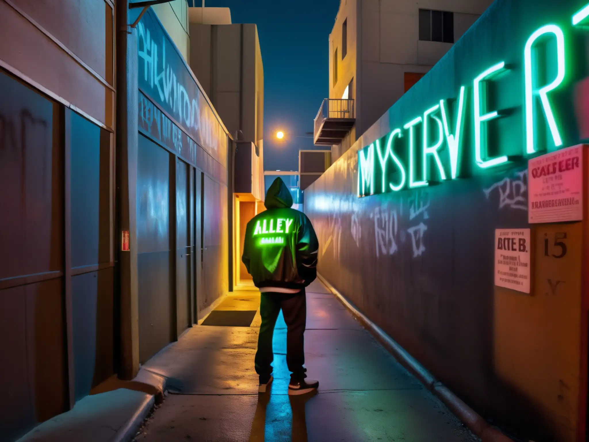 Alleyway de Hollywood con graffiti y letreros de neón, crea una atmósfera misteriosa y evoca leyendas urbanas de Hollywood