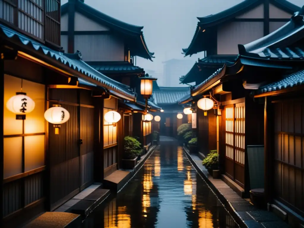 Alleyway con linterna japonesa iluminada, niebla y siluetas, evocando apariciones japonesas en la era digital