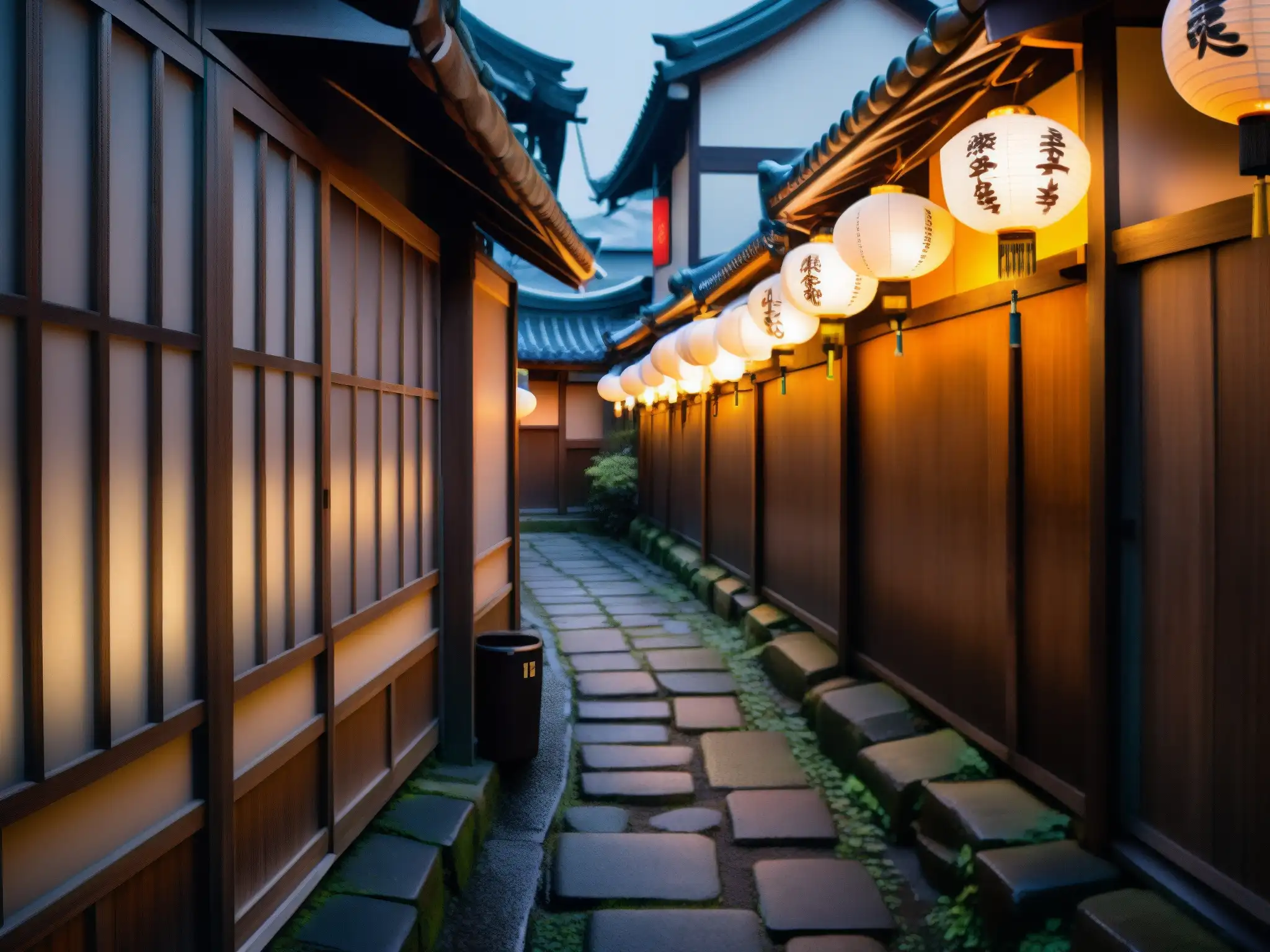 Alleyway misterioso en Tokio con faroles japoneses y aura de leyendas urbanas japonesas videojuegos