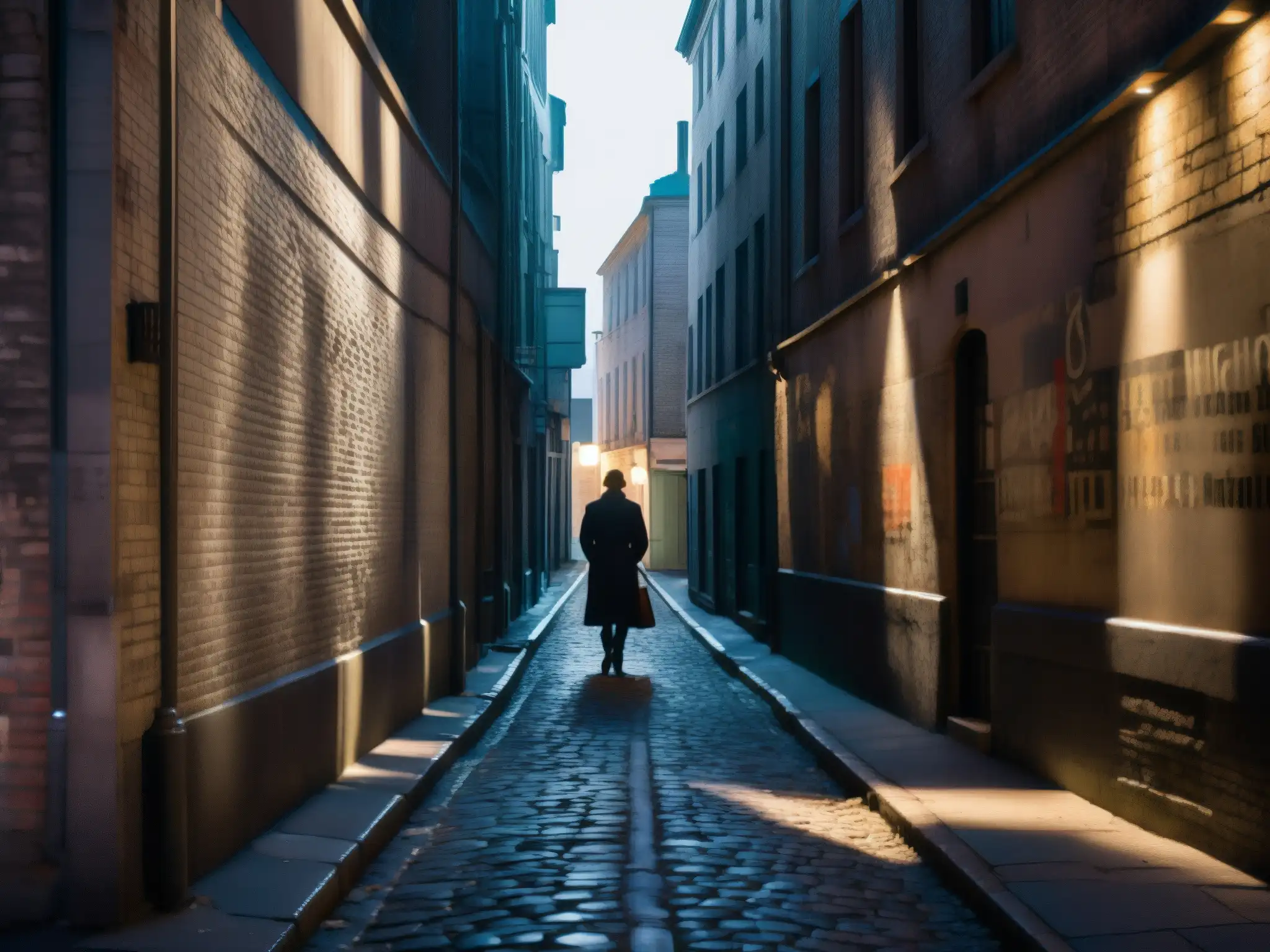 Alleyway misterioso con graffitis, luces tenues y figura en sombras