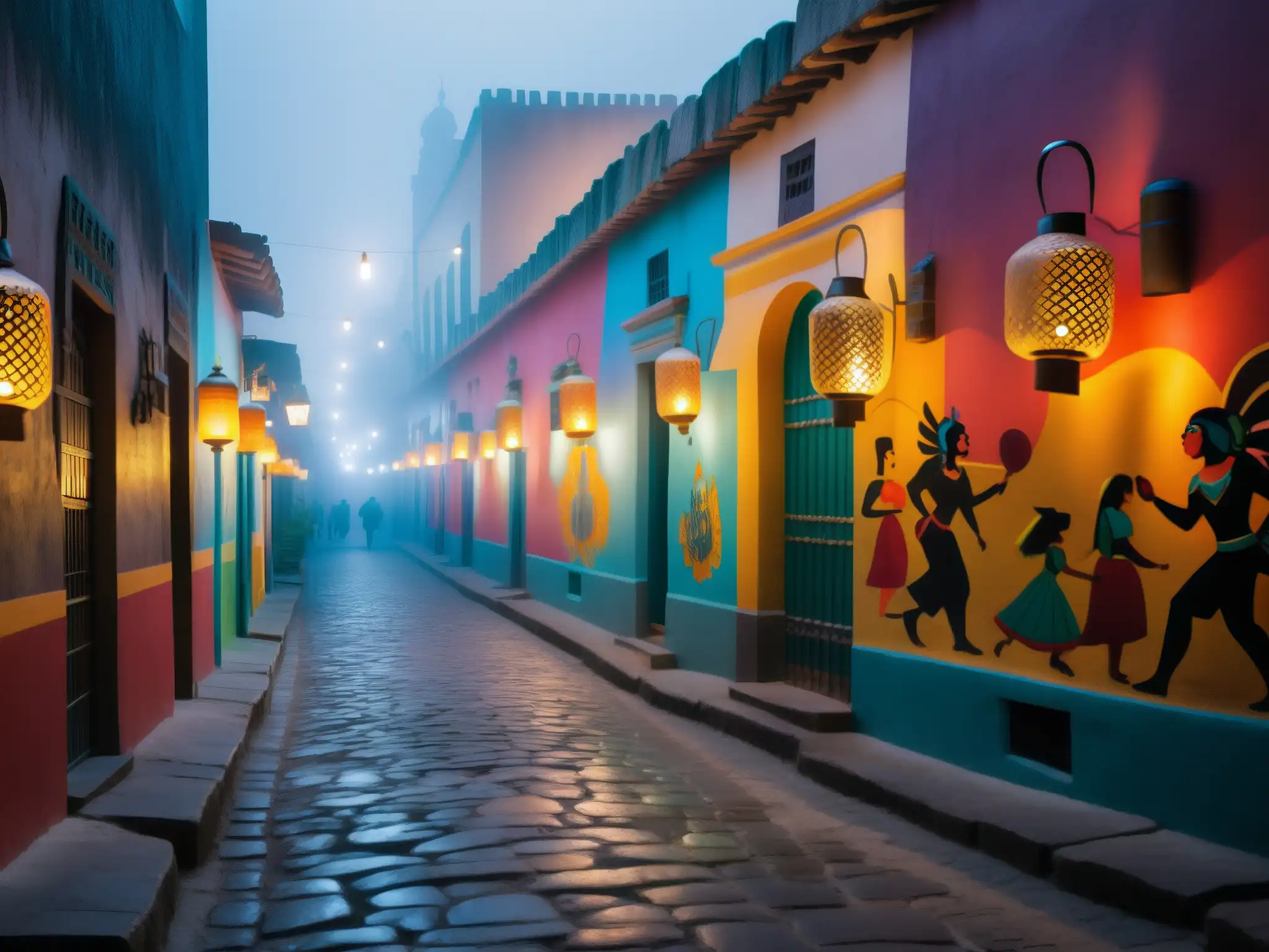Alleyway en México con murales vibrantes y grafitis de dioses aztecas