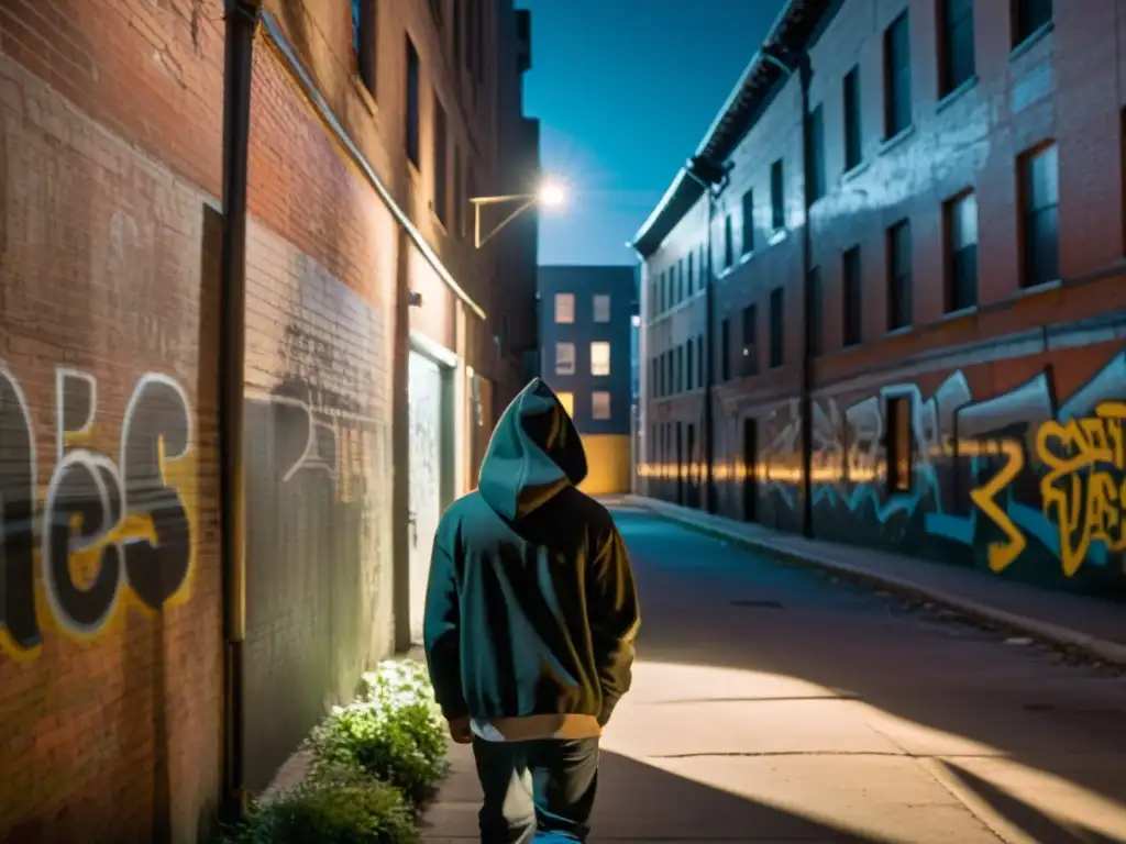 Alleyway nocturno con grafitis, luces tenues y figura en sudadera con capucha, reflejando la resiliencia psicológica en leyendas urbanas