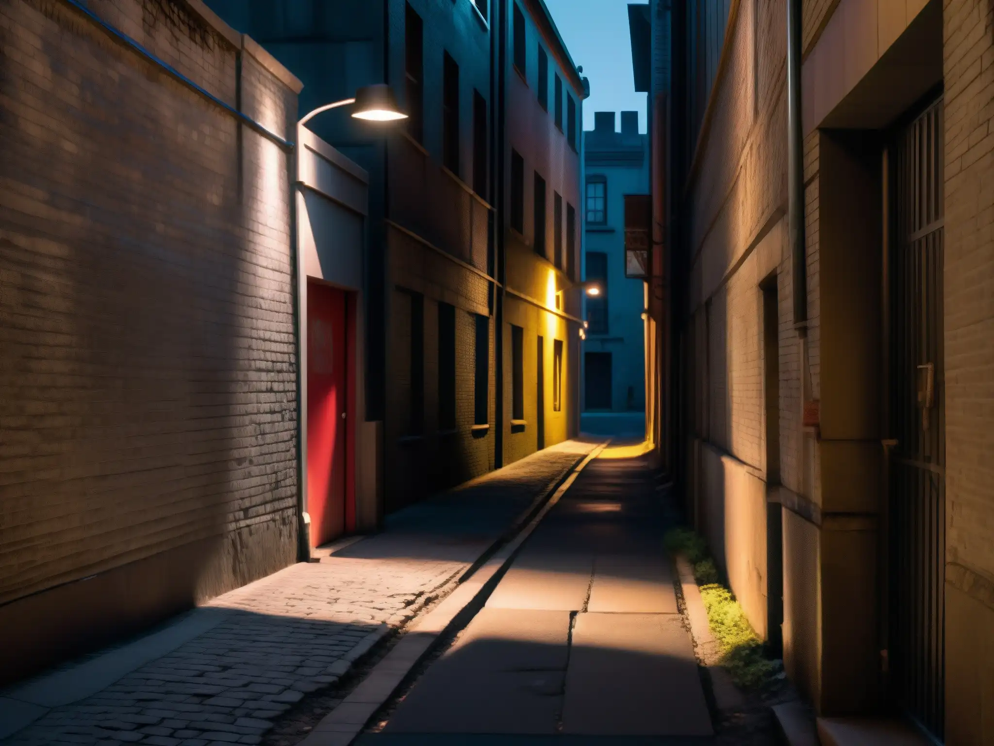 Alleyway nocturno iluminado por farola solitaria