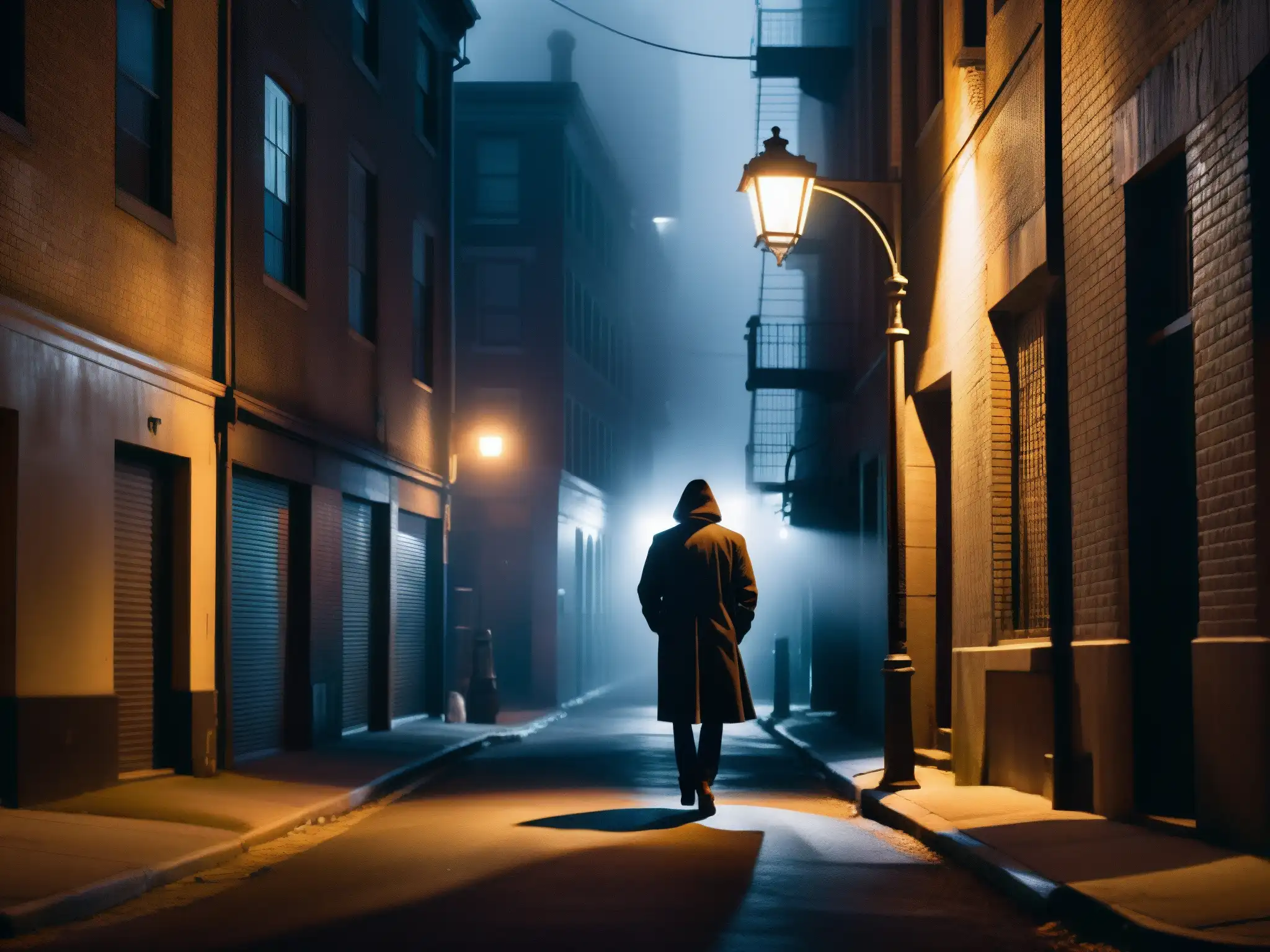 Alleyway nocturno con niebla, sombras alargadas y figura misteriosa, capturando el impacto psicológico de leyendas urbanas