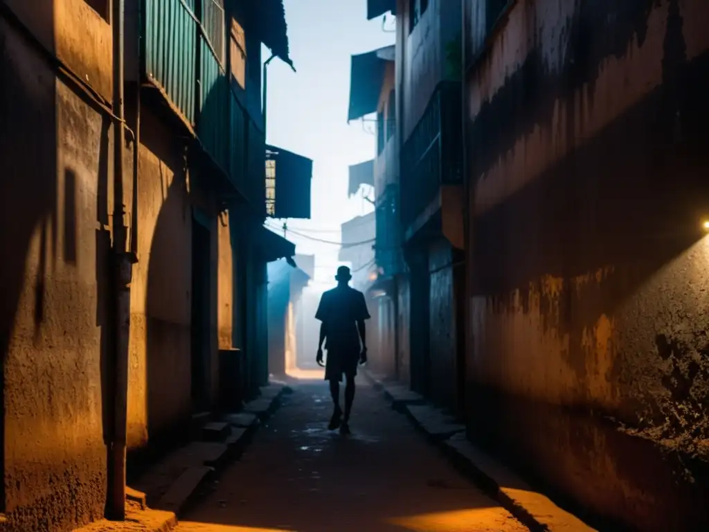 Alleyway sombría en Conakry, Guinea, con misteriosas sombras y una atmósfera inquietante, evocando leyendas urbanas en la ciudad