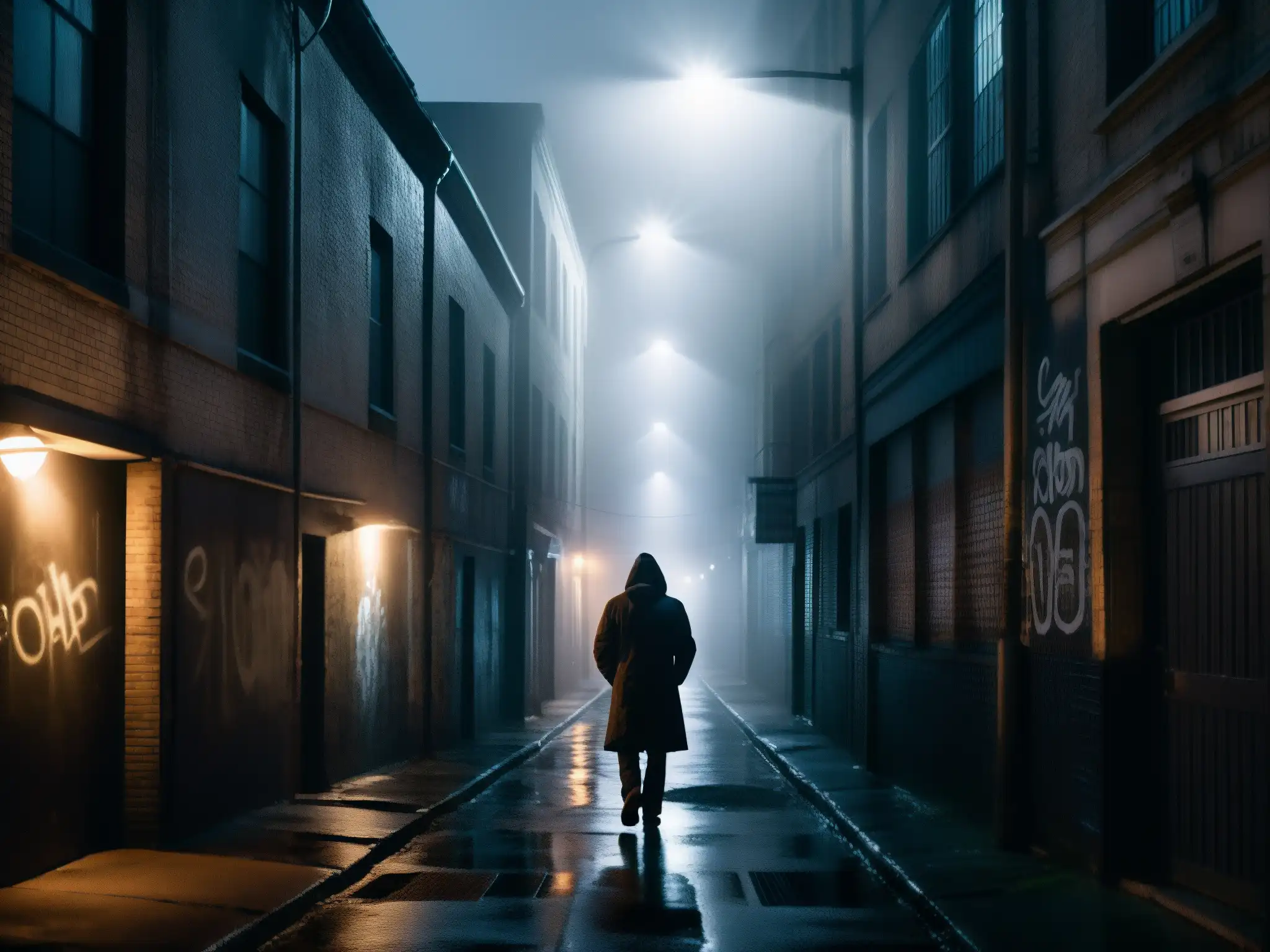 Alleyway sombría con figura en la niebla, evocando el impacto psicológico de leyendas urbanas