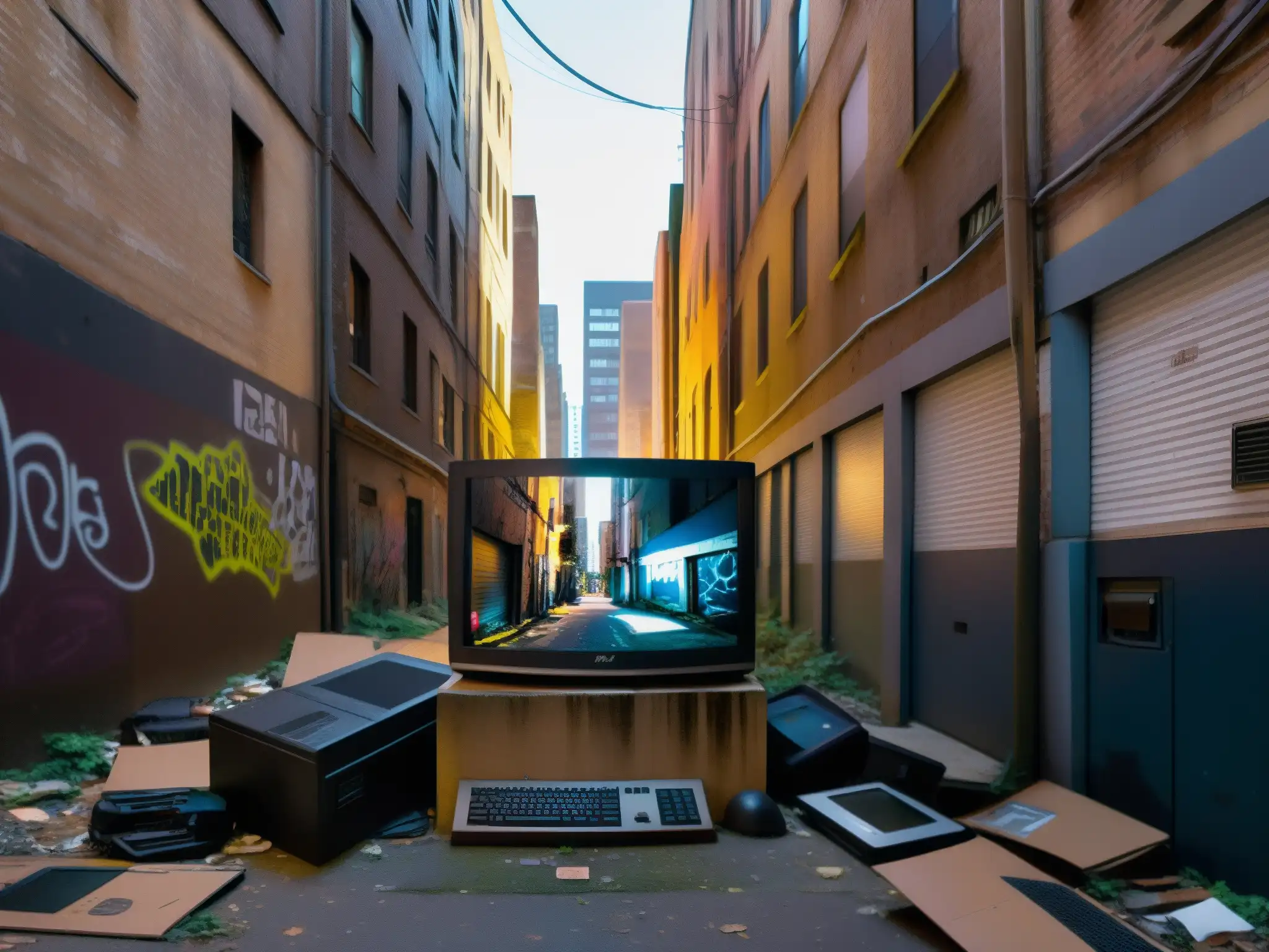Alleyway urbano con graffiti, luces de calle y monitor abandonado
