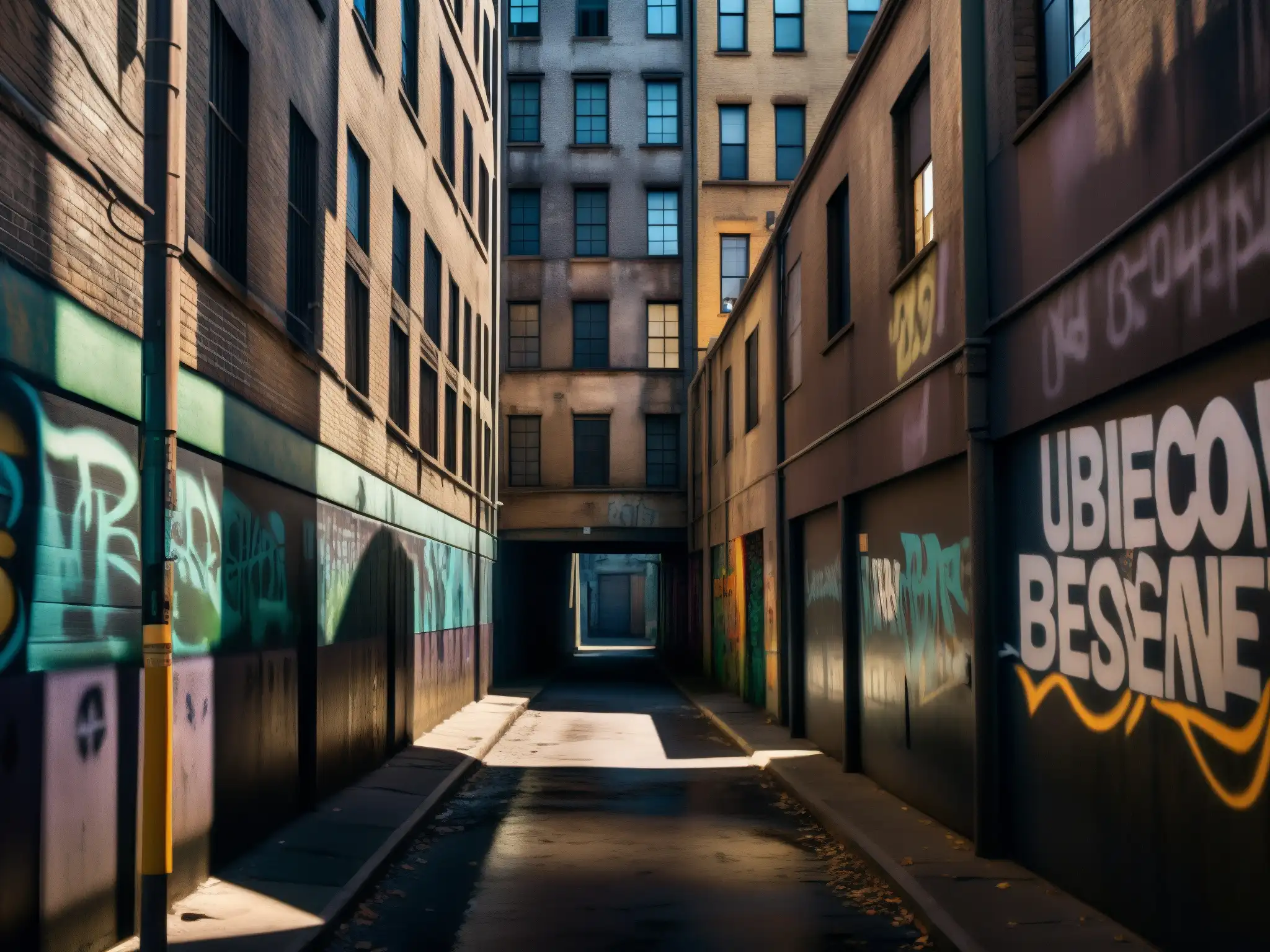 Alleyway urbano con grafitis y sombras, evocando misterio y atracción y repulsión leyendas urbanas