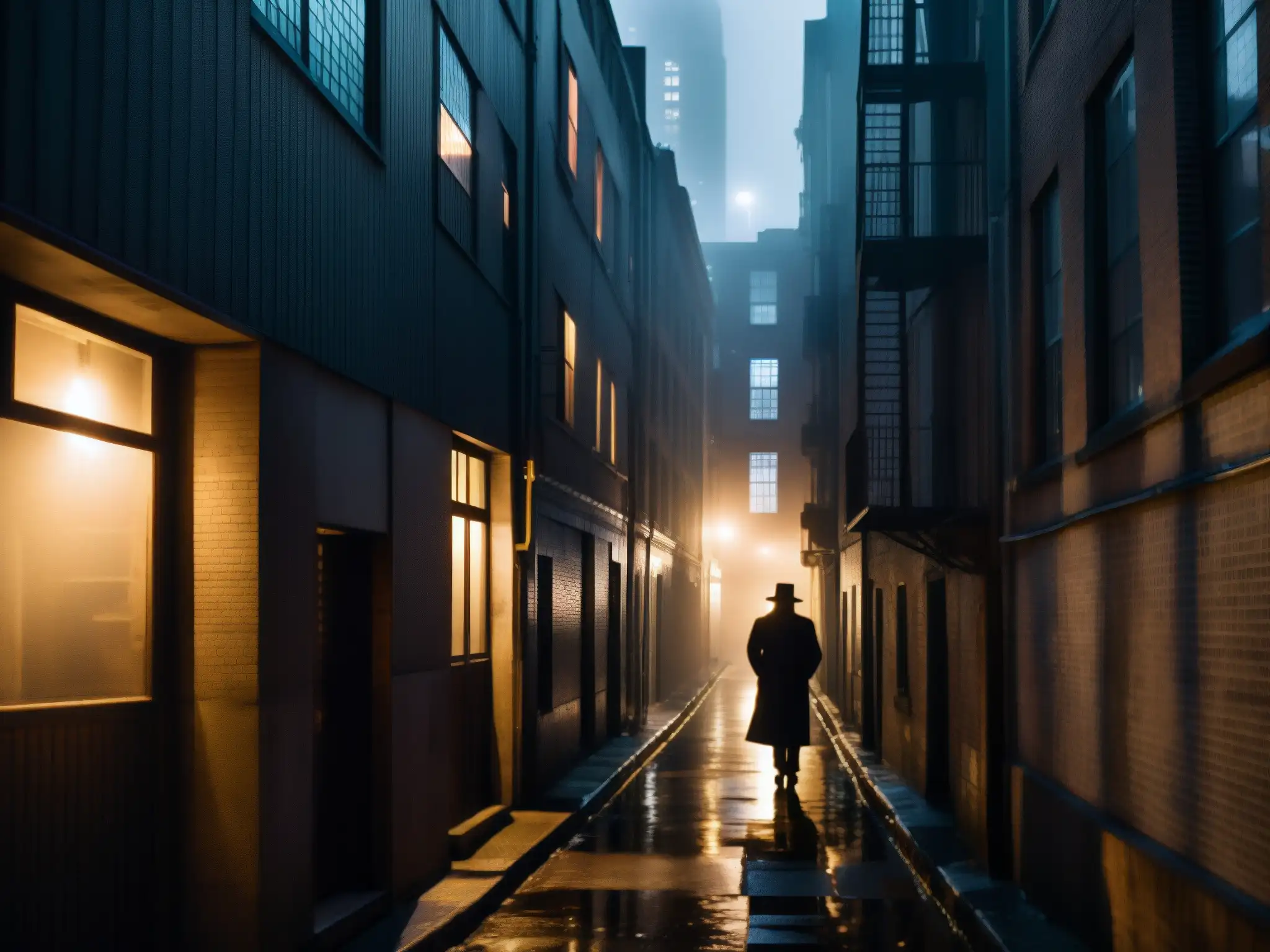 Alleyway urbano misterioso de noche con figura solitaria