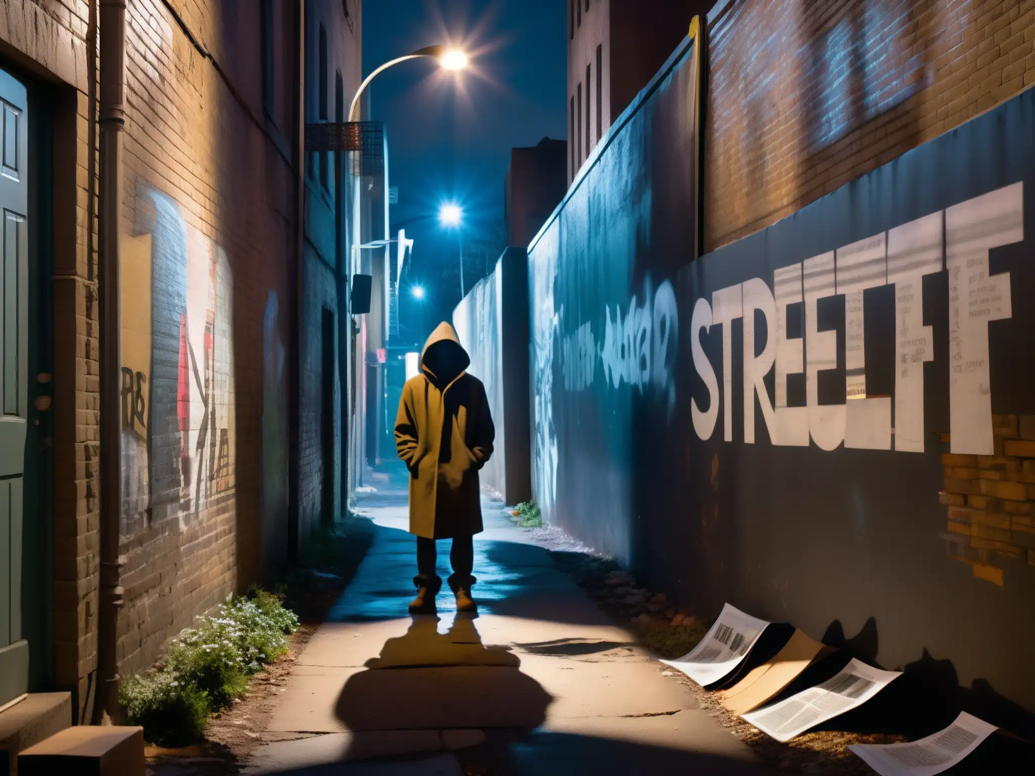 Alleyway urbano misterioso de noche con graffiti inquietante y atmósfera de psicopatología en leyendas urbanas