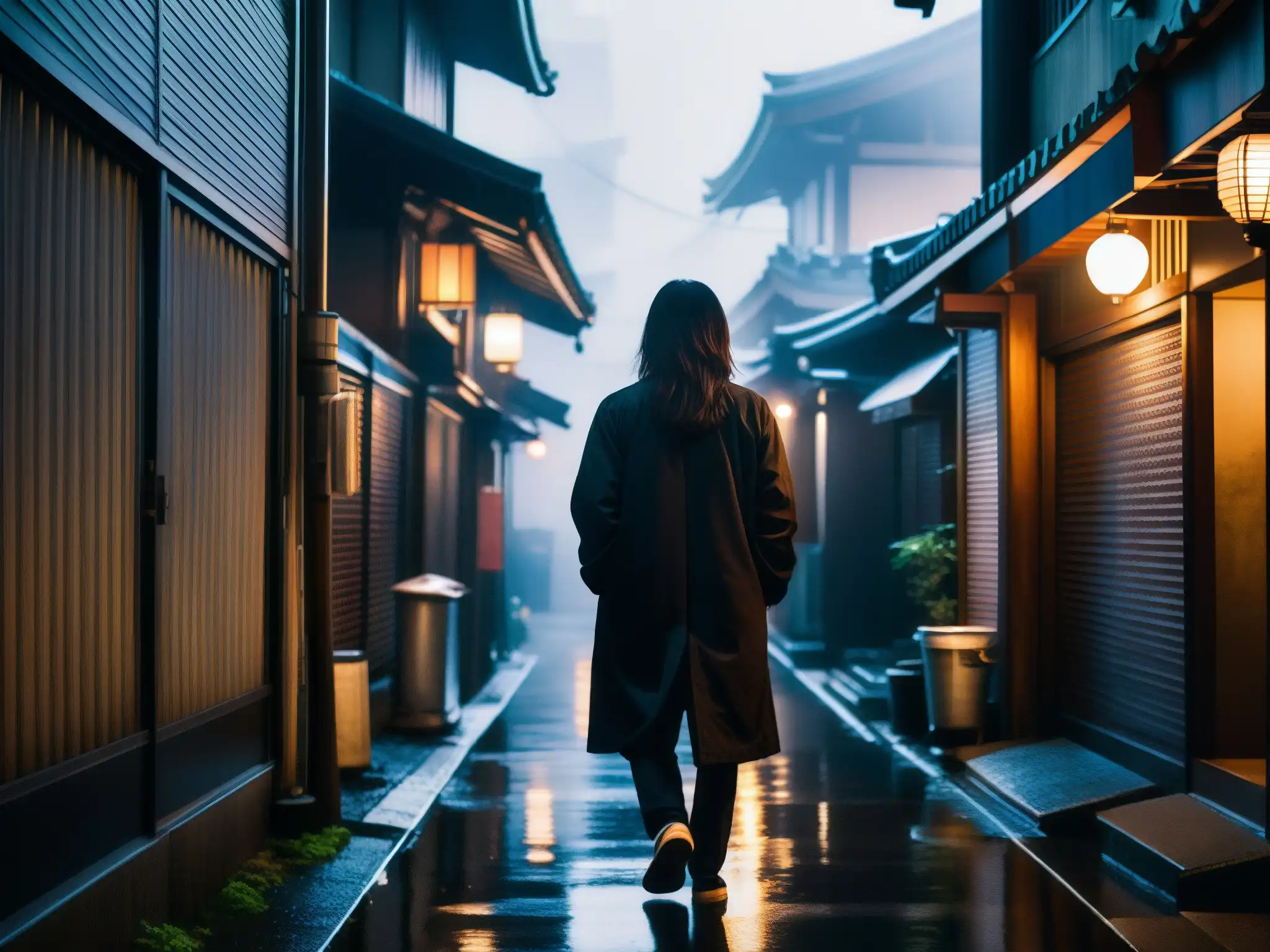 Alleyway urbano en Japón con neblina, figuras anónimas y la leyenda urbana de TekeTeke