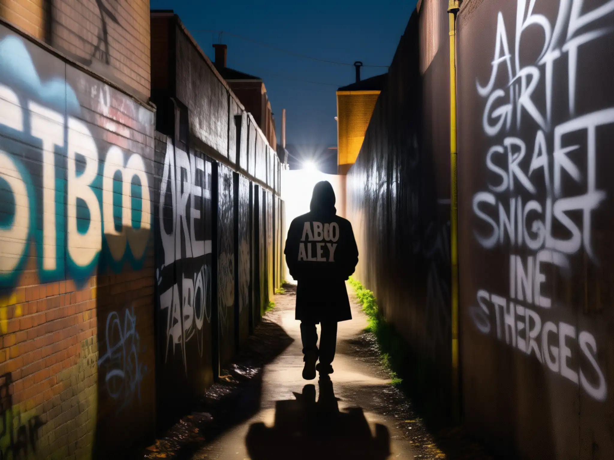Alleyway urbano de noche con grafitis y misteriosa figura en silueta