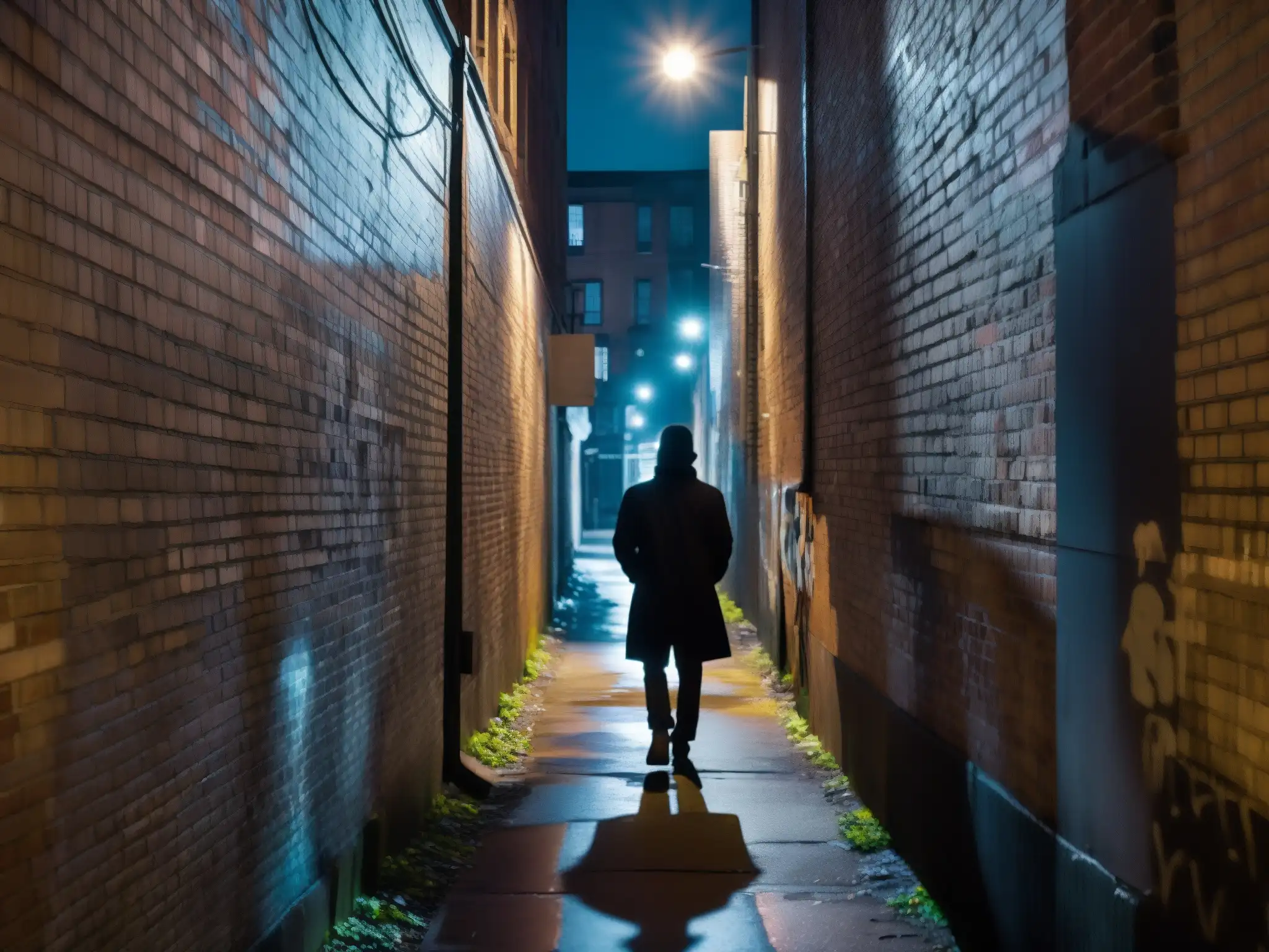 Alleyway urbano en penumbra con luces de calle titilantes y muros de ladrillo graffiteados, evocando misterio y suspense, figura en la sombra