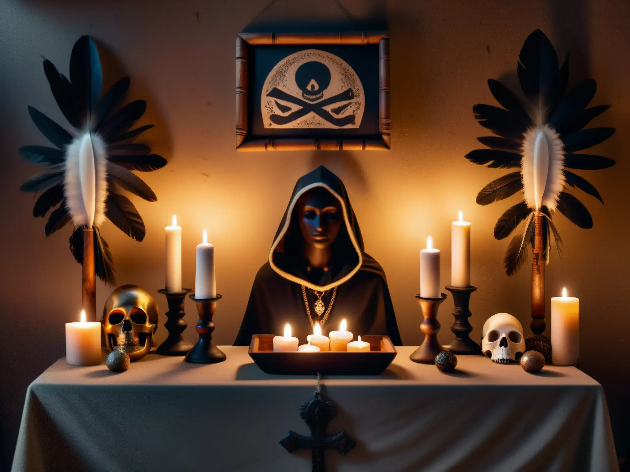Un altar de vudú detallado en 8k, iluminado con velas y objetos rituales