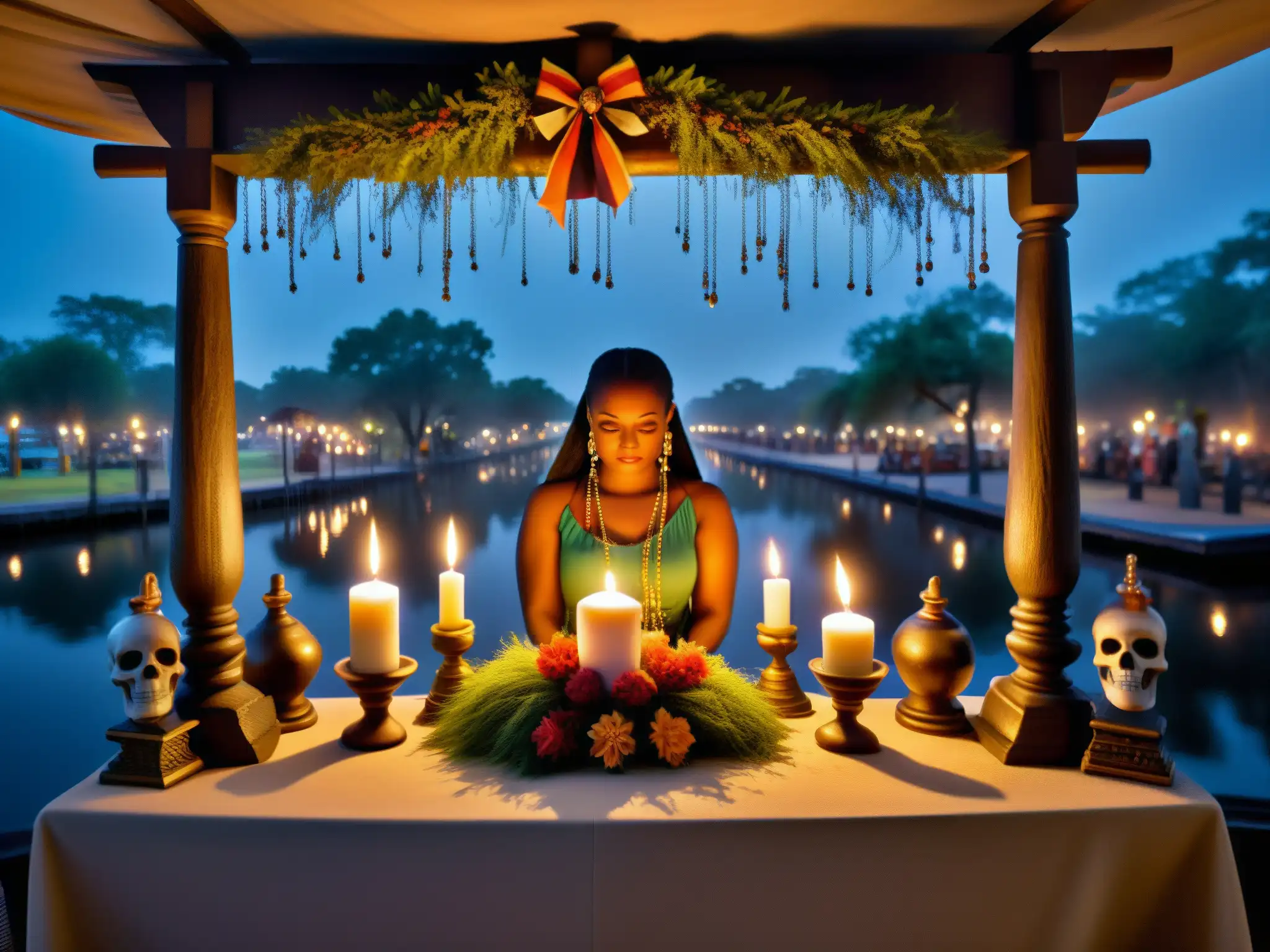 Un altar vudú iluminado con velas, en un bayou de Nueva Orleans