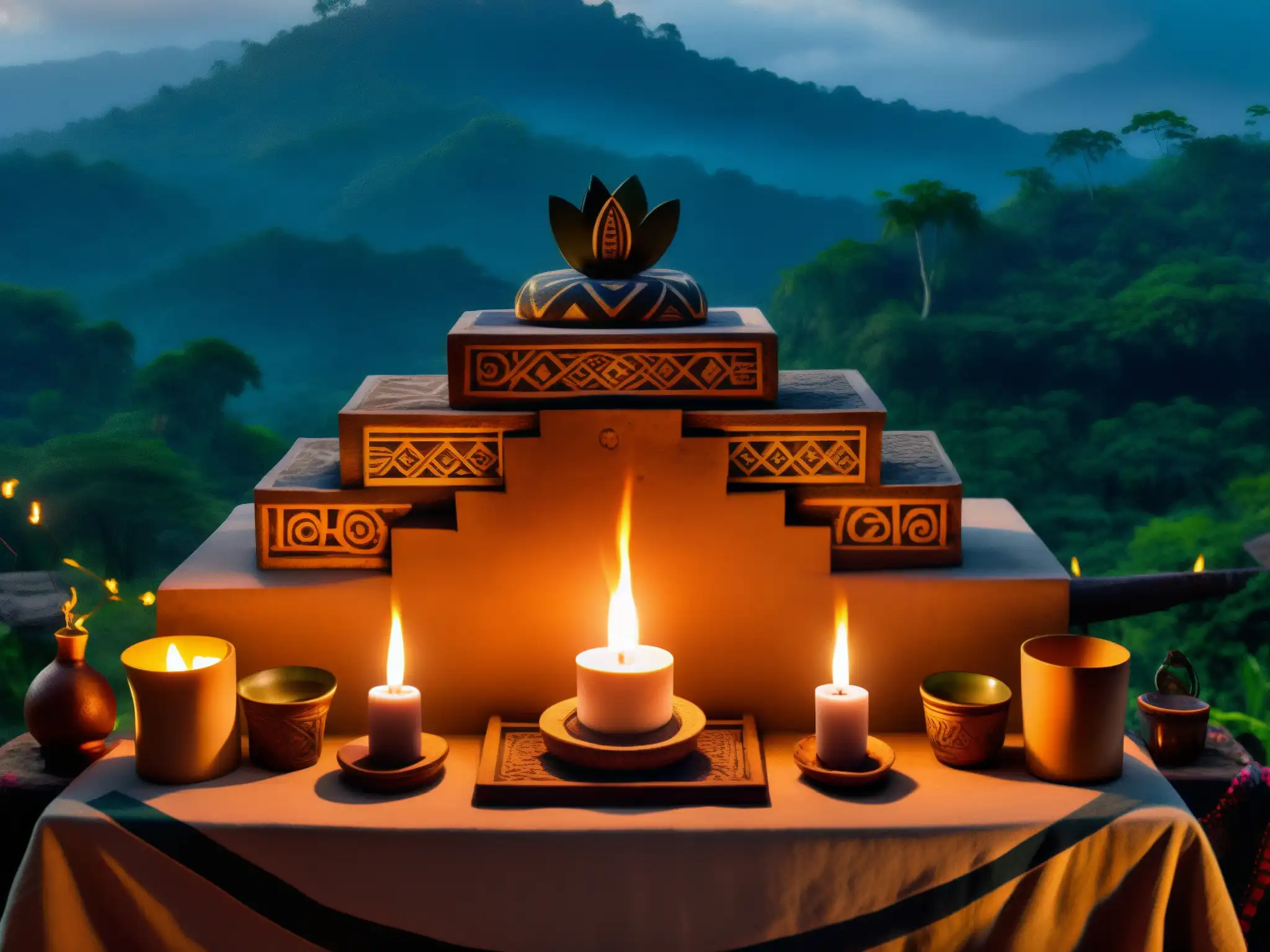 Un altar iluminado por velas en la densa jungla guatemalteca