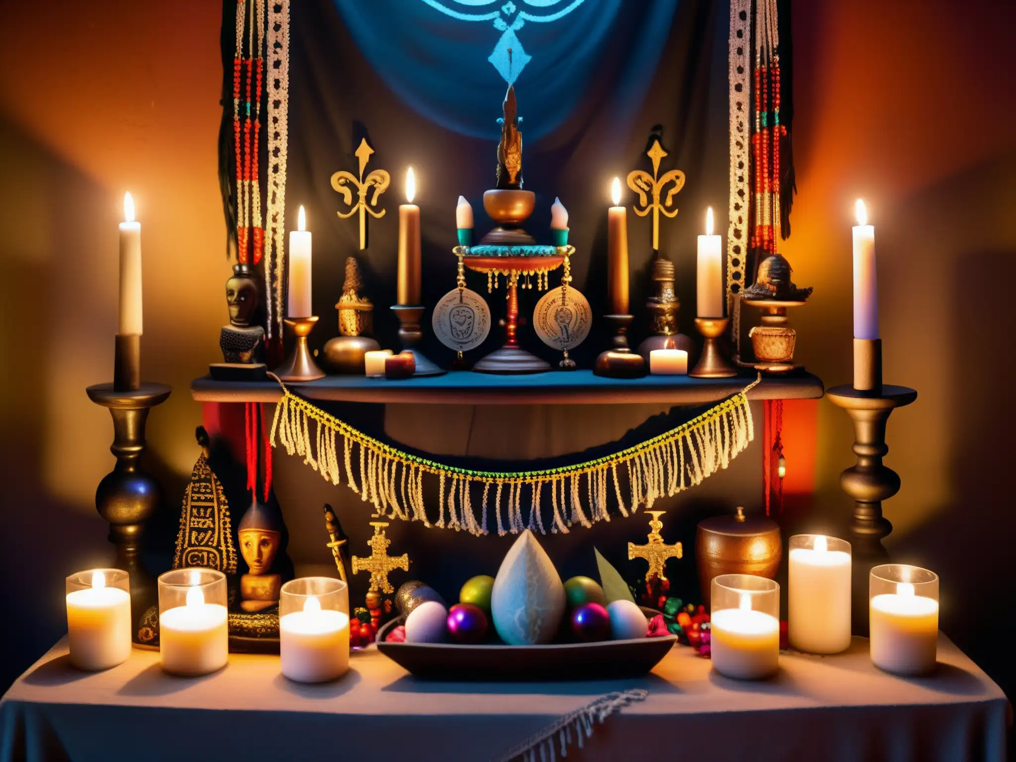 Un altar vudú en Nueva Orleans, decorado con símbolos místicos, velas titilantes y ofrendas coloridas, emana misterio y tradición antigua