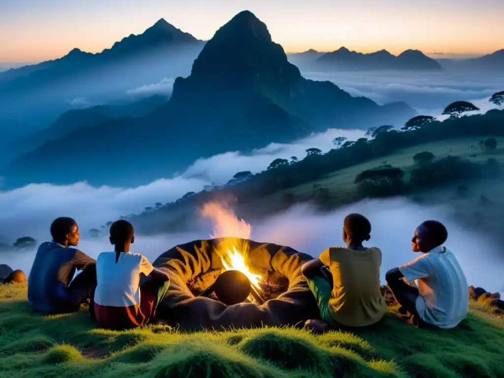 Un amanecer místico en las Montañas Rwenzori con un cuentacuentos y su audiencia, evocando la conexión espiritual con la niebla