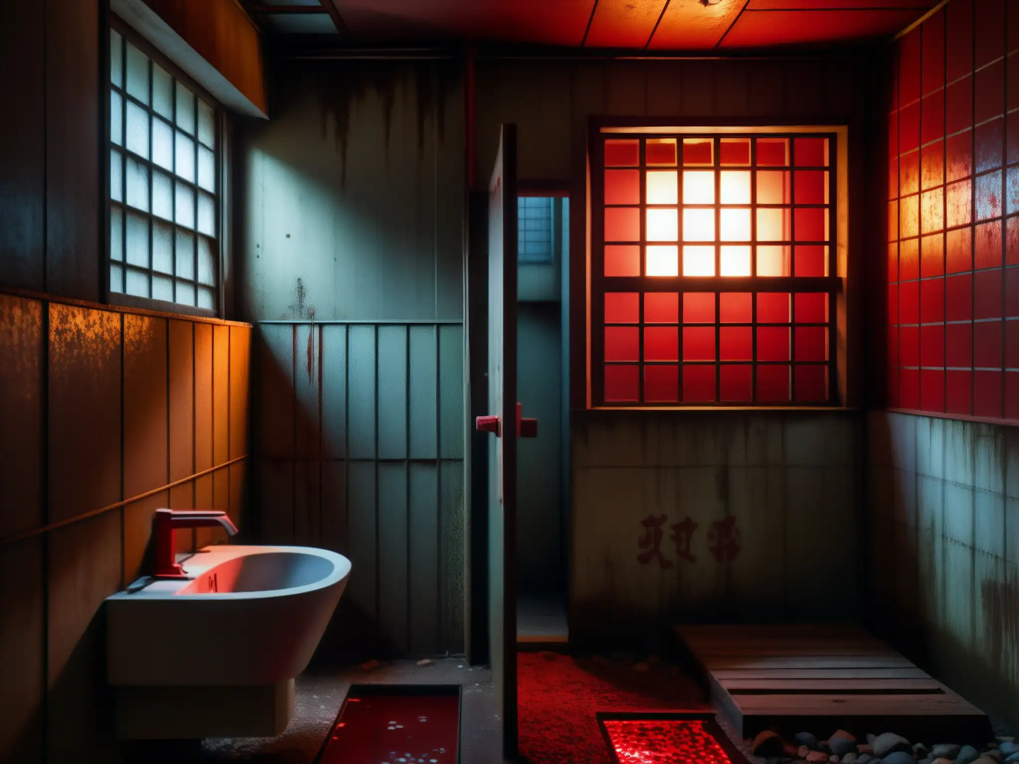Ambiente inquietante en un baño abandonado en Japón, con graffiti rojo de Aka Manto leyenda urbana