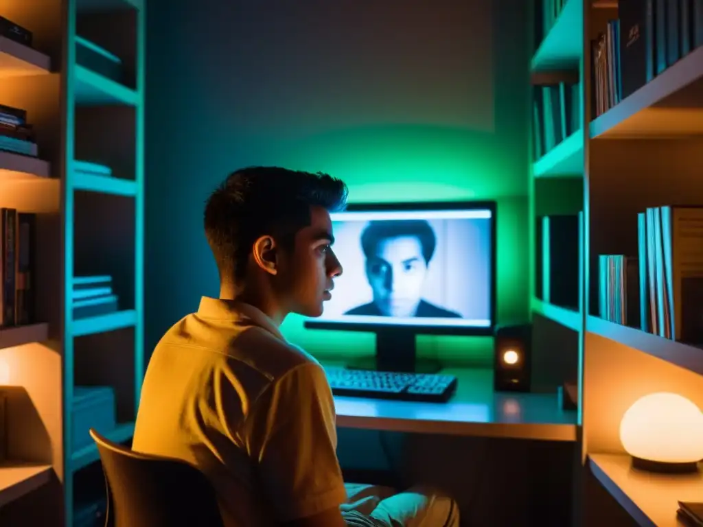 Un ambiente lúgubre con una pantalla de computadora iluminando el rostro de una persona