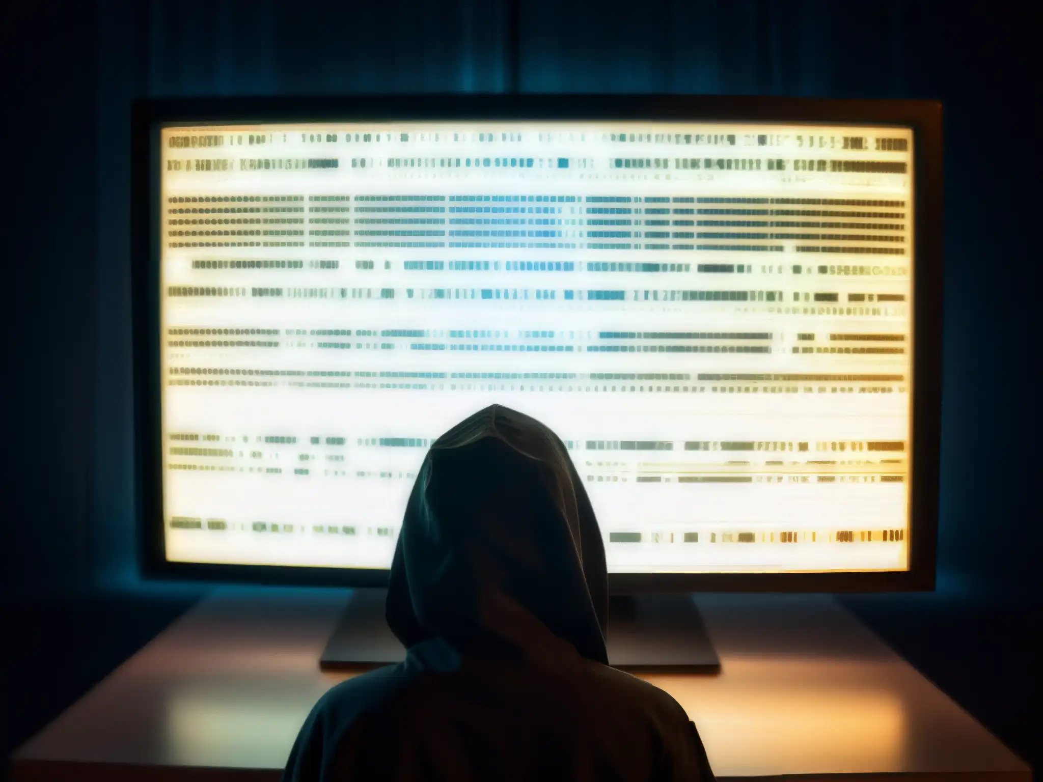 Un ambiente misterioso de la Deep Web, donde se revelan secretos oscuros en el brillo de la pantalla del ordenador