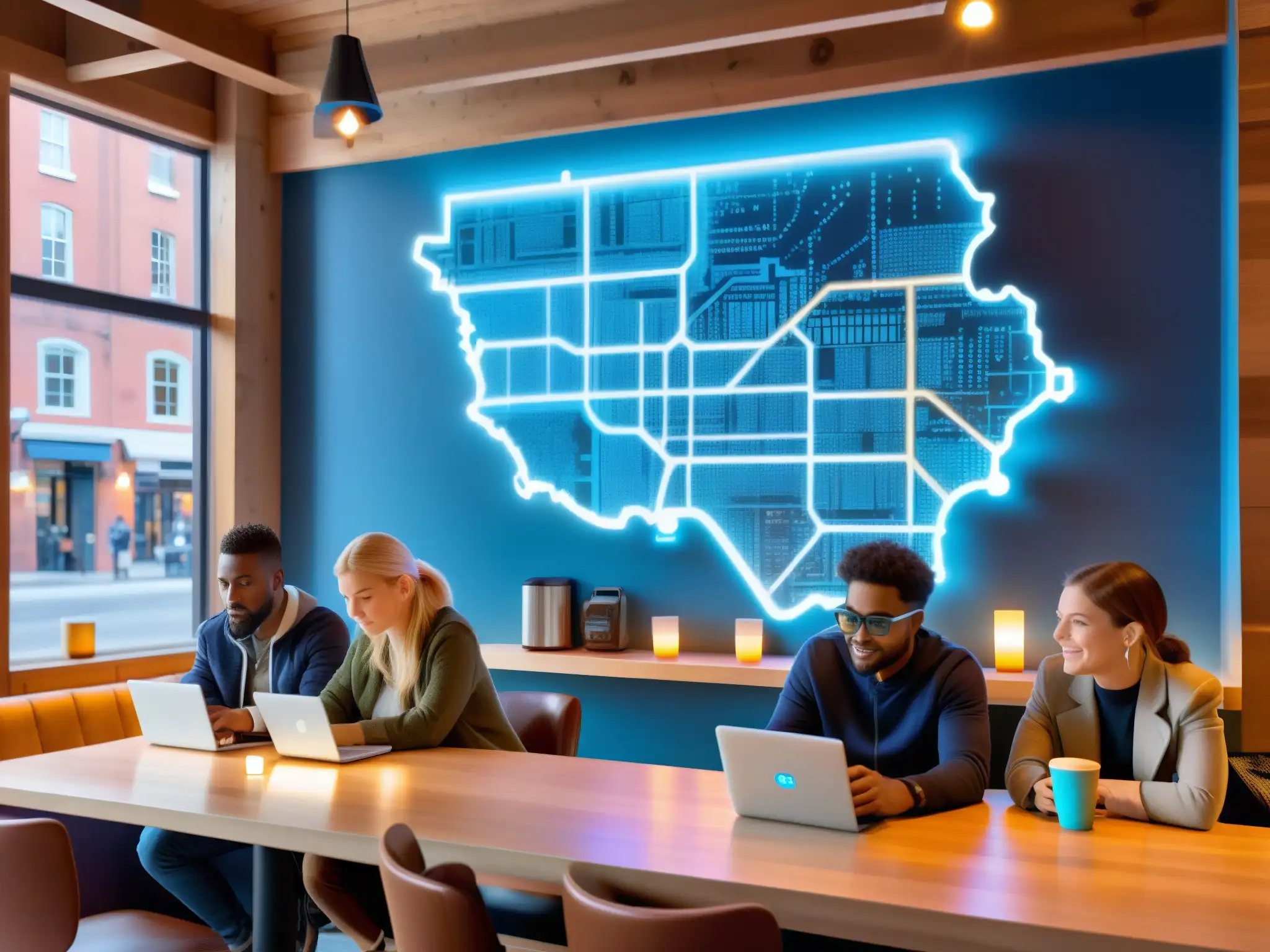 Un ambiente moderno en un café, con personas conectadas a dispositivos electrónicos y un mapa de la ciudad con redes WiFi y Bluetooth