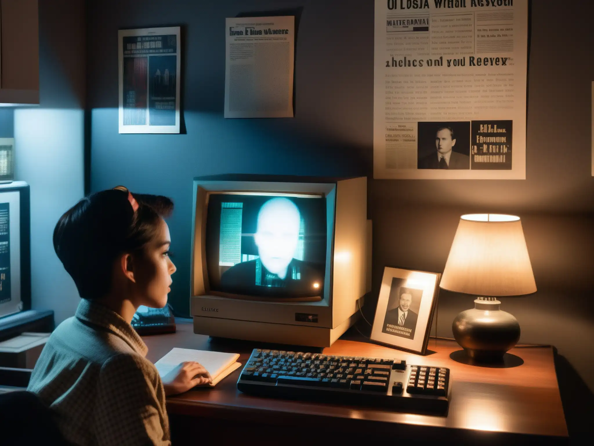 Un ambiente oscuro con un antiguo ordenador en un escritorio, mostrando una imagen pixelada de una figura fantasmal