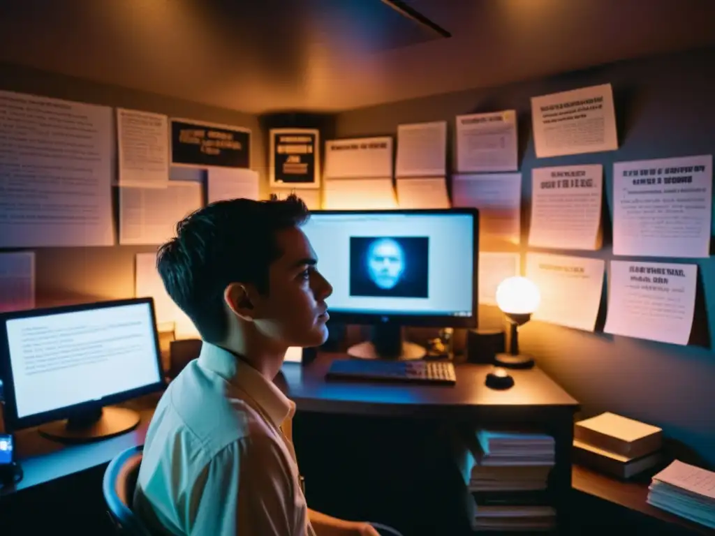 Un ambiente sombrío con una pantalla de computadora iluminando el rostro de una persona entre fascinación y inquietud