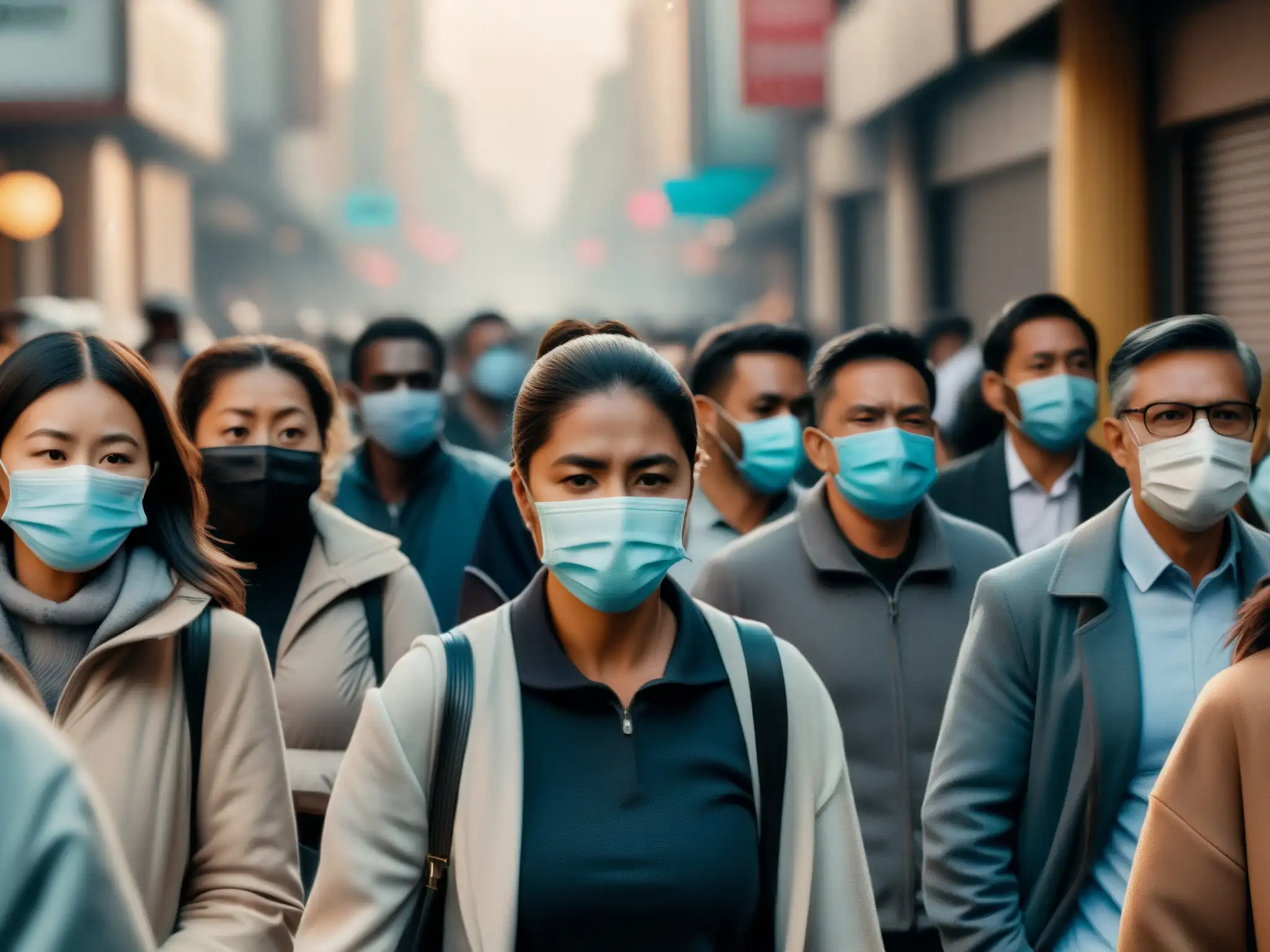 Ambiente urbano tenso con personas usando mascarillas, compartiendo leyendas urbanas sobre la pandemia con impacto en la salud mental