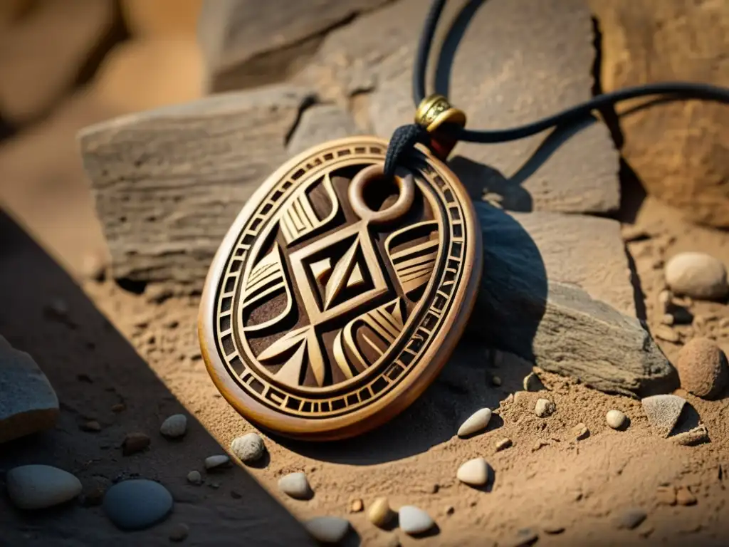 Un amuleto de madera tallada con símbolos tradicionales, suspendido sobre ruinas antiguas bañadas en luz dorada
