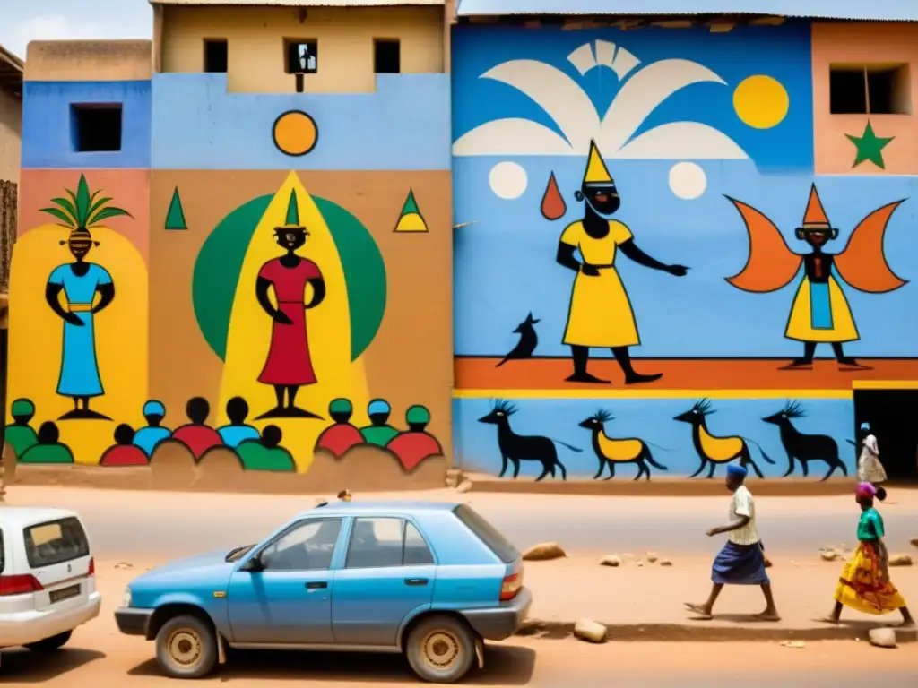 Espíritus ancestrales y coloridos murales en las calles de Bamako, capturando la vida urbana y la rica herencia cultural de la región