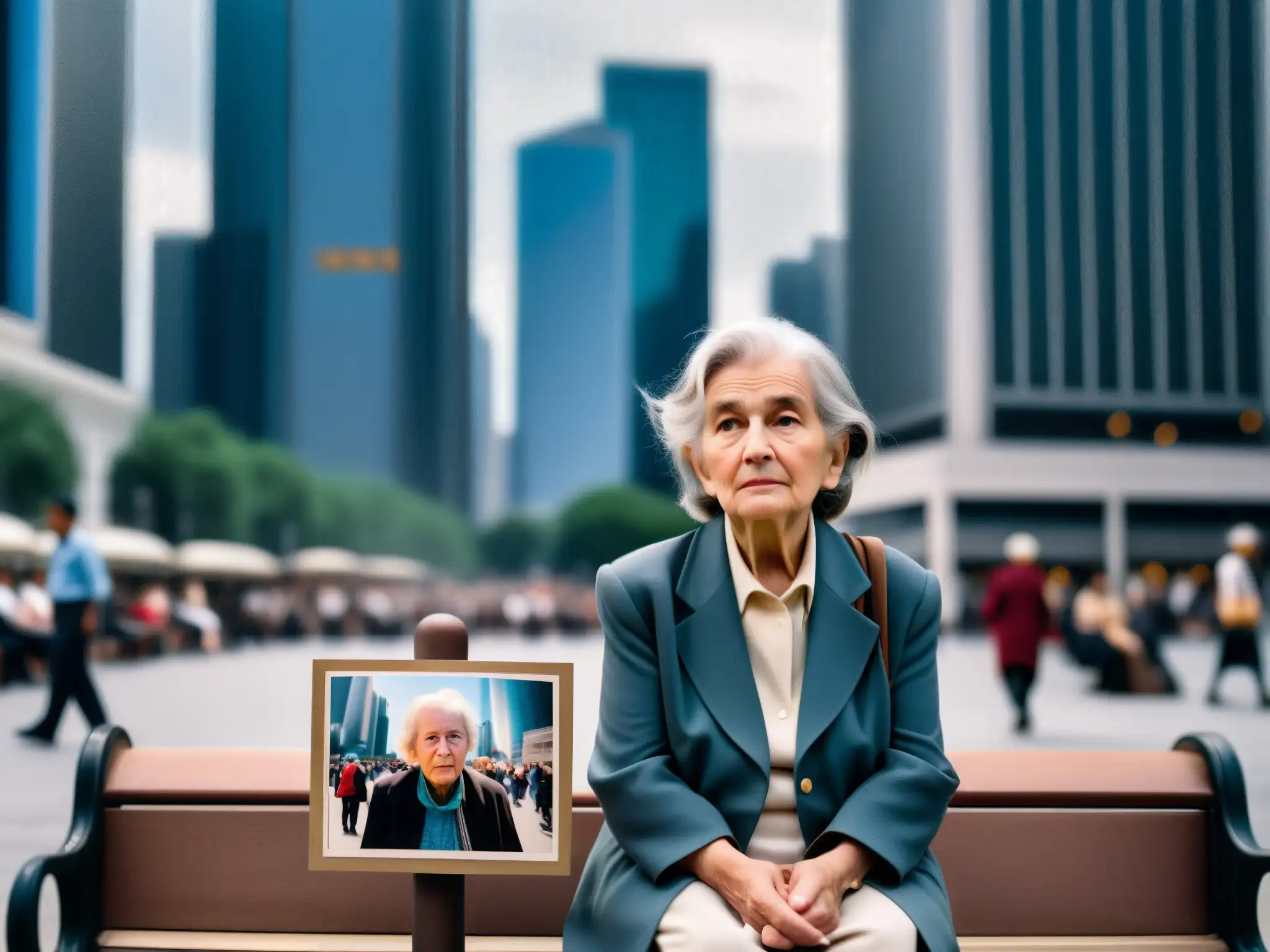 'Una anciana contempla una foto antigua en una concurrida plaza, contrastando el pasado con los mitos y leyendas urbanas digitales