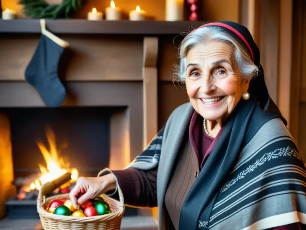 Una anciana italiana sonriente, La Befana, reparte regalos a niños en un ambiente acogedor y tradicional, evocando el folklore italiano