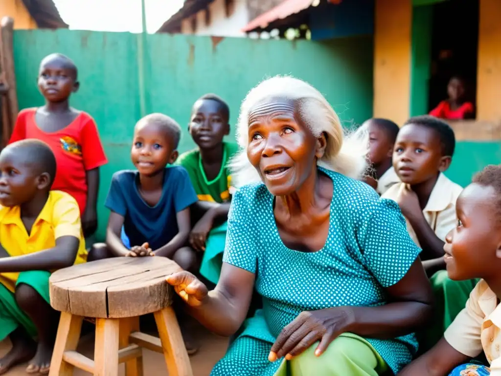 Una anciana de pelo blanco narra la leyenda urbana de la Mujer de Blanco a niños en las bulliciosas calles de Freetown, Sierra Leona