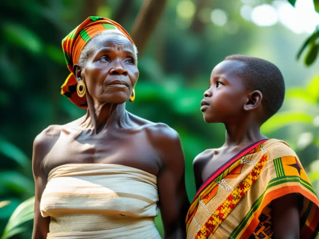 Una anciana de la tribu Baoulé, con mirada valiente, sostiene a un niño en un bosque exuberante