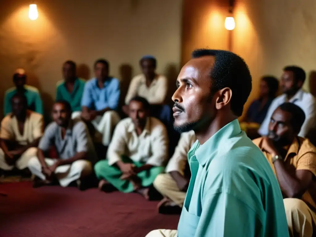 Un anciano dhahanto somalí cuenta la leyenda del Hombre Leopardo a una audiencia atenta en una habitación con luz tenue